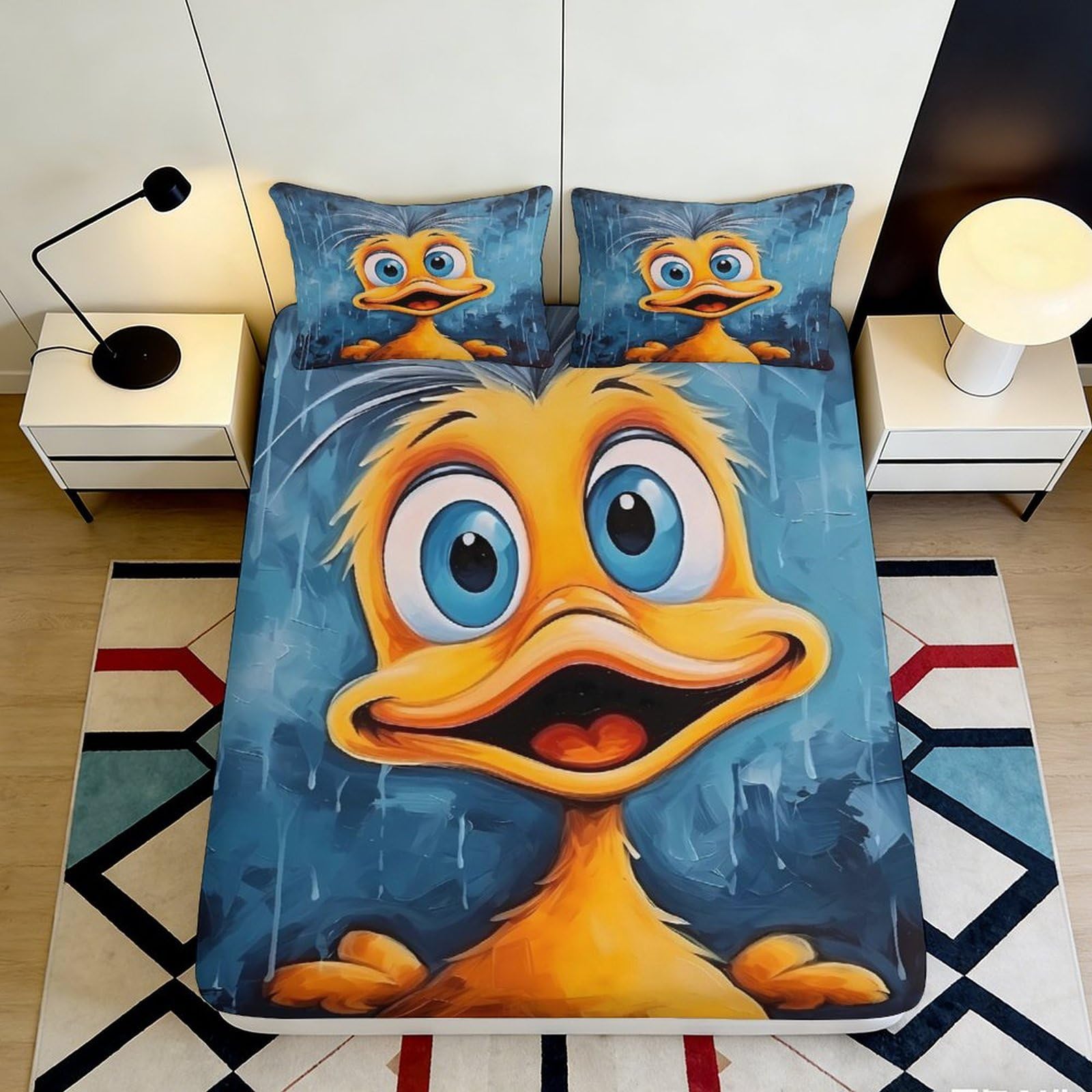 3D Printed Cartoon Duck Fitted Sheet Microfiber Deep Pocket Non-Slip Bedroom Bedding Cartoon Duck Mattress Fitted Cover for Adults Teens 200x200x25cm 90x200x25cm
