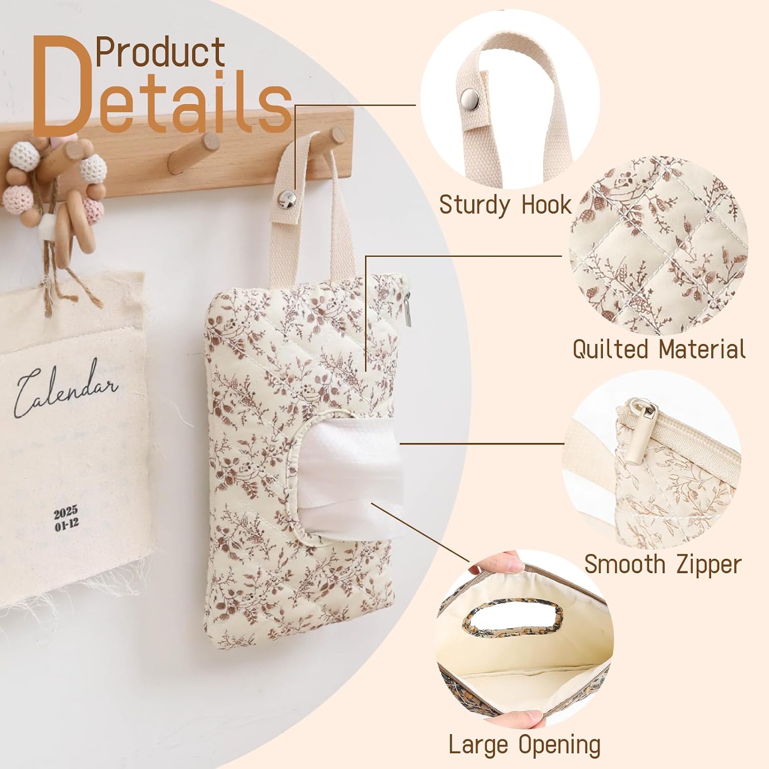 Quilted Baby Wipe Holder Floral Diaper Pouch Portable Quilted Wipes Bag for Car, Stroller (Beige Pattern)