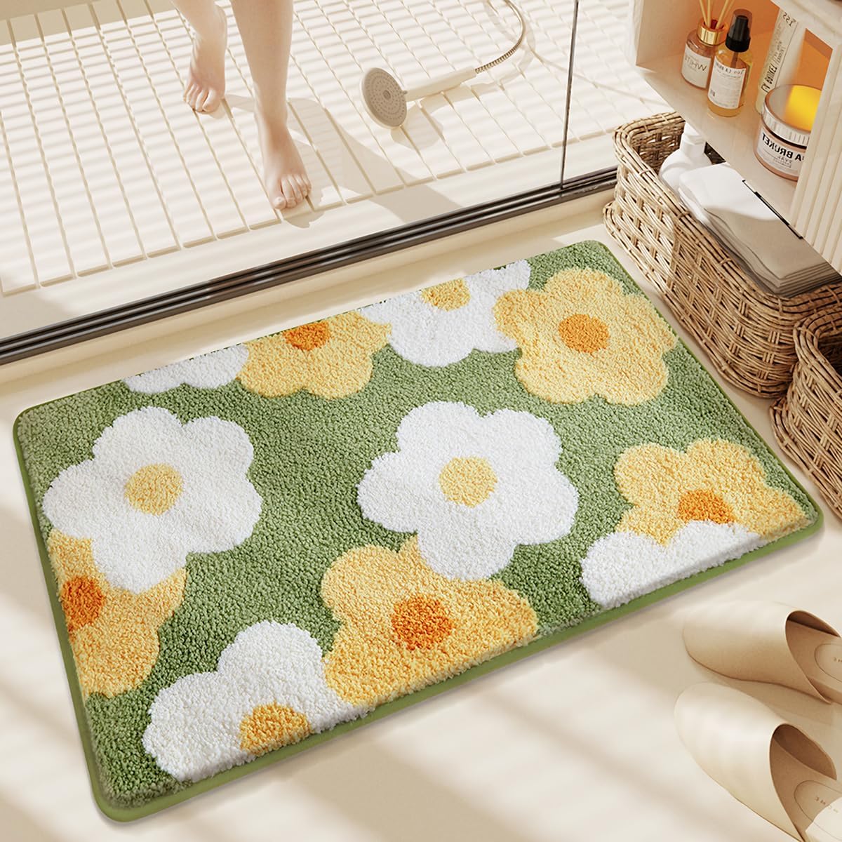 Plants Bathroom Mat Cute Absorbent Bath Rug Non Slip and Machine Washable Bath Shaggy Carpet for Kitchen, Bedroom and Living Room (Yellow and White