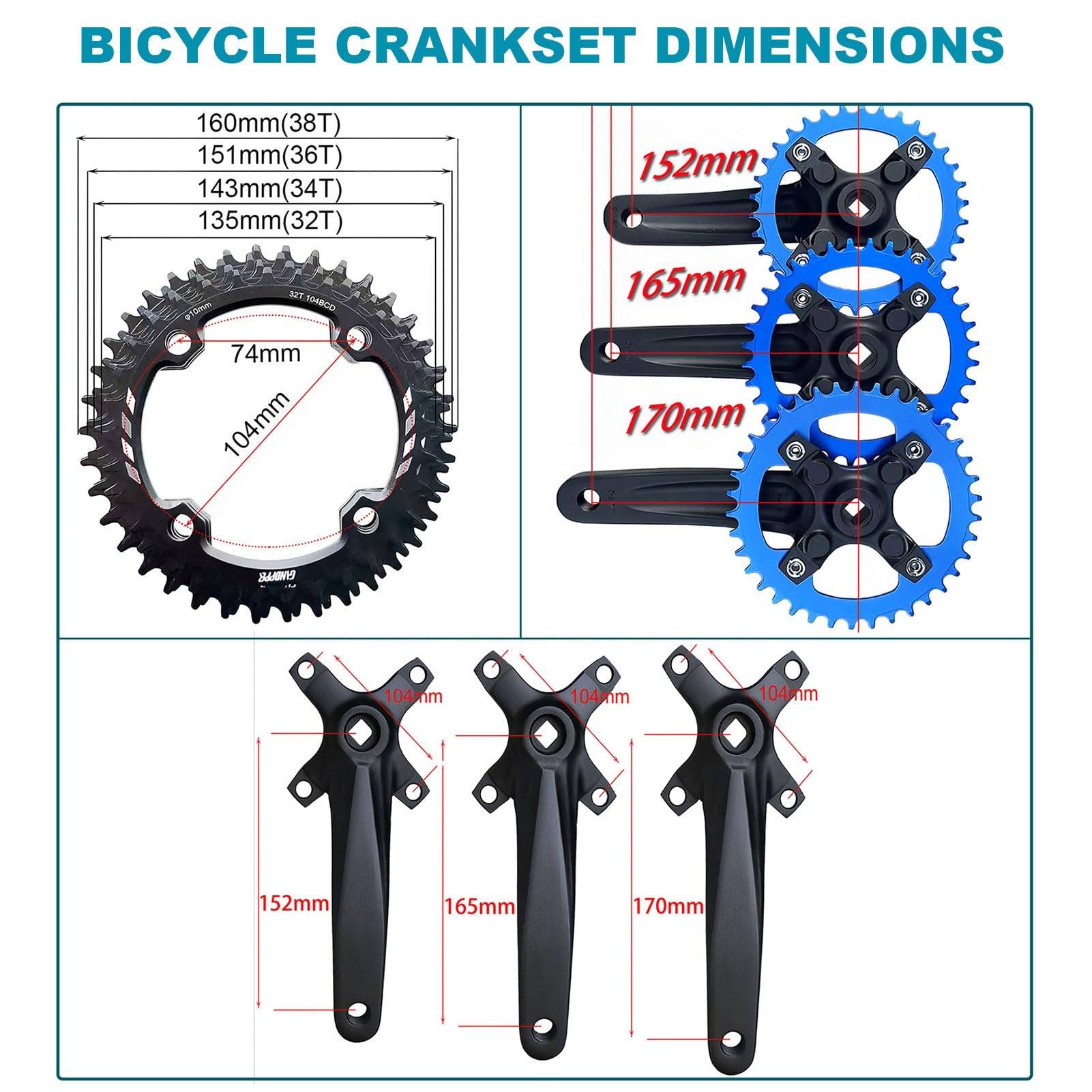 Zestaw korb stożkowych do roweru górskiego z pojedynczą prędkością, 152/165/170 mm, 32/34/36/38 zębów, do MTB, roweru elektrycznego i codziennego użytku.