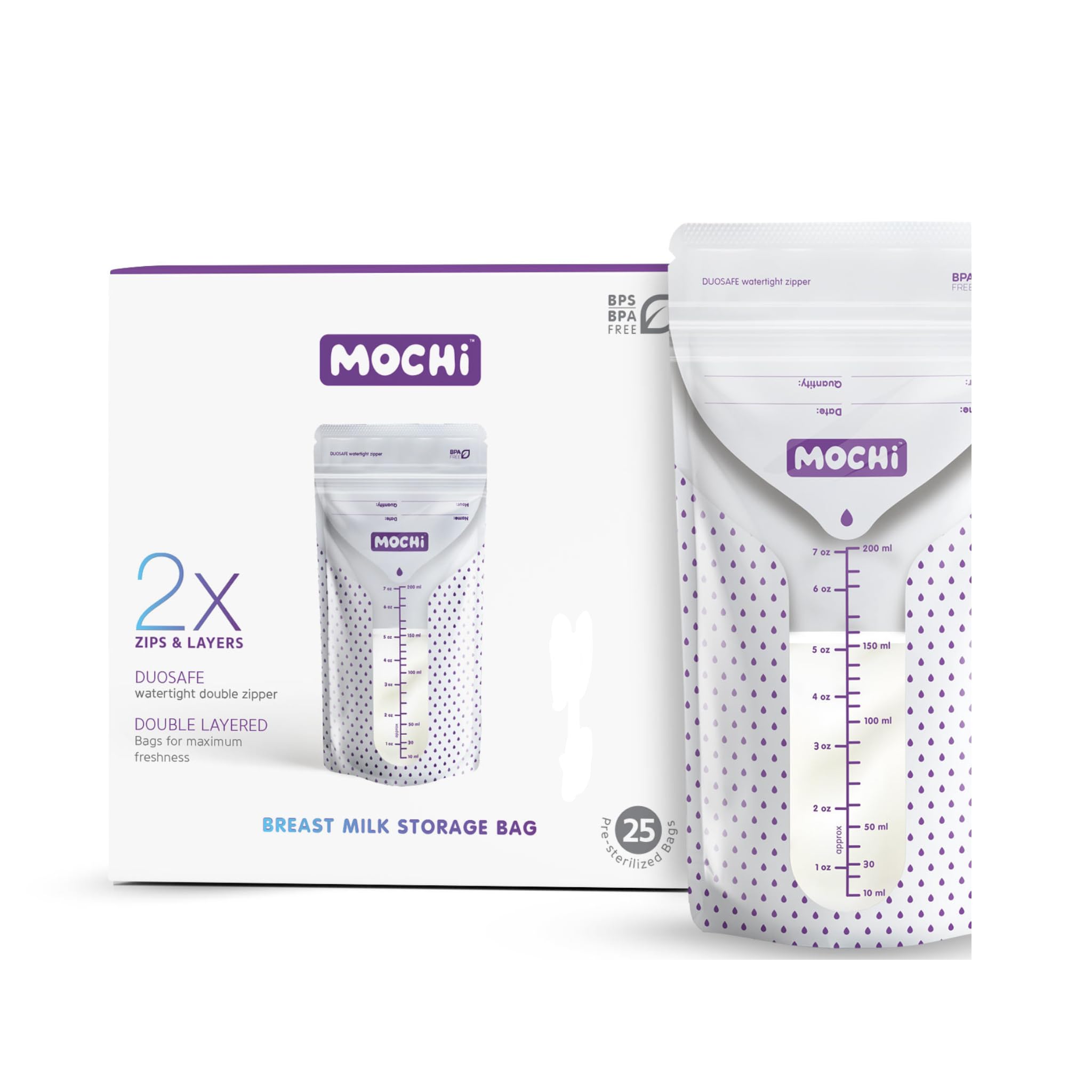 Mochi Breast Milk Storage Bags 25 Pack, BPA-Free & Sterile, Fridge or Freezer Safe Breastmilk Bags with Dual-Layer Freshness