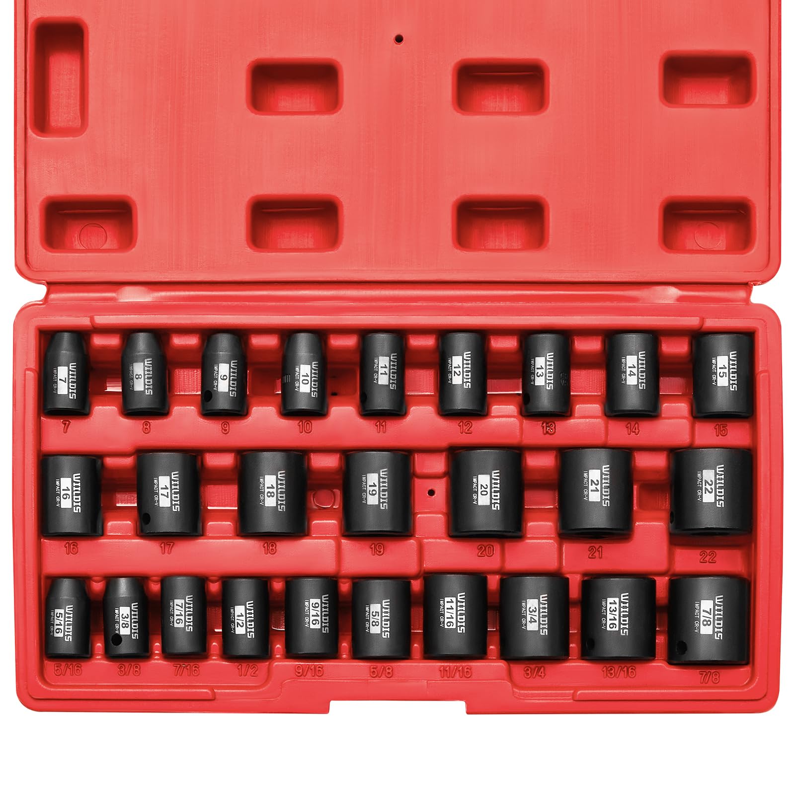 WIILDIS 26 PCS 3/8" Drive SAE and Metric Impact Socket Set, SAE 5/16” to 7/8", Metric 7mm to 22mm, Premium Cr-V Steel, 6-Point Hex Designt,Cr-V Steel