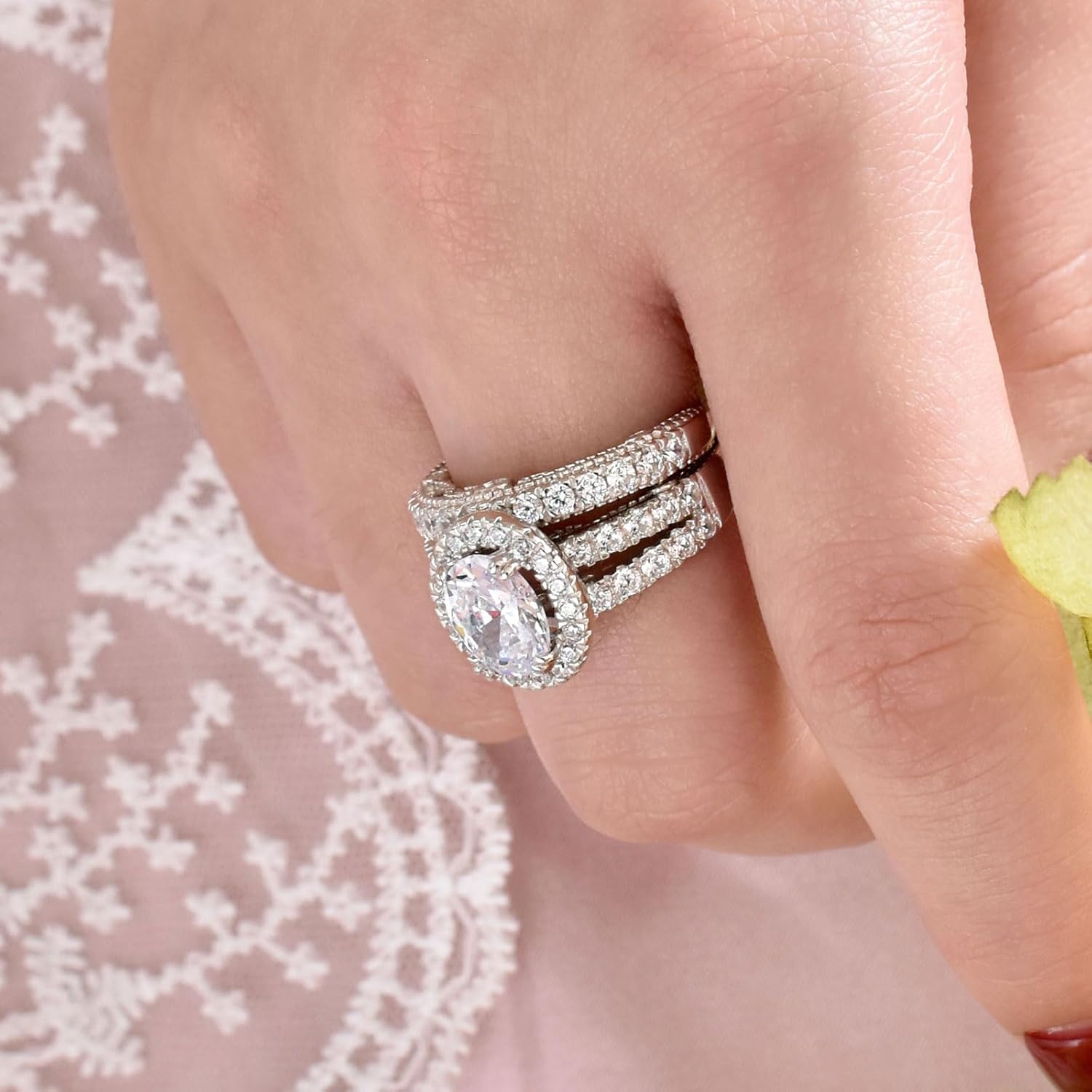 Wuziwen Oval Cut Wedding Rings for Women 925 Sterling Silver Cubic Zirconia Bridal Set Engagement Promise Ring - Image 4