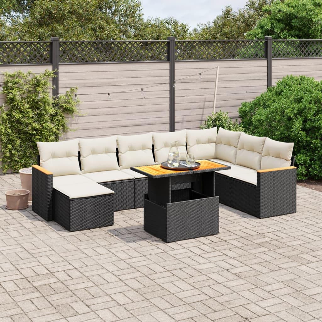 Set Divani da Giardino 9 pz con Cuscini Nero in Polyrattan Resistente, Lounge Modulare per Terrazza, Balcone, Patio, Veranda, Relax e Pranzo Esterno