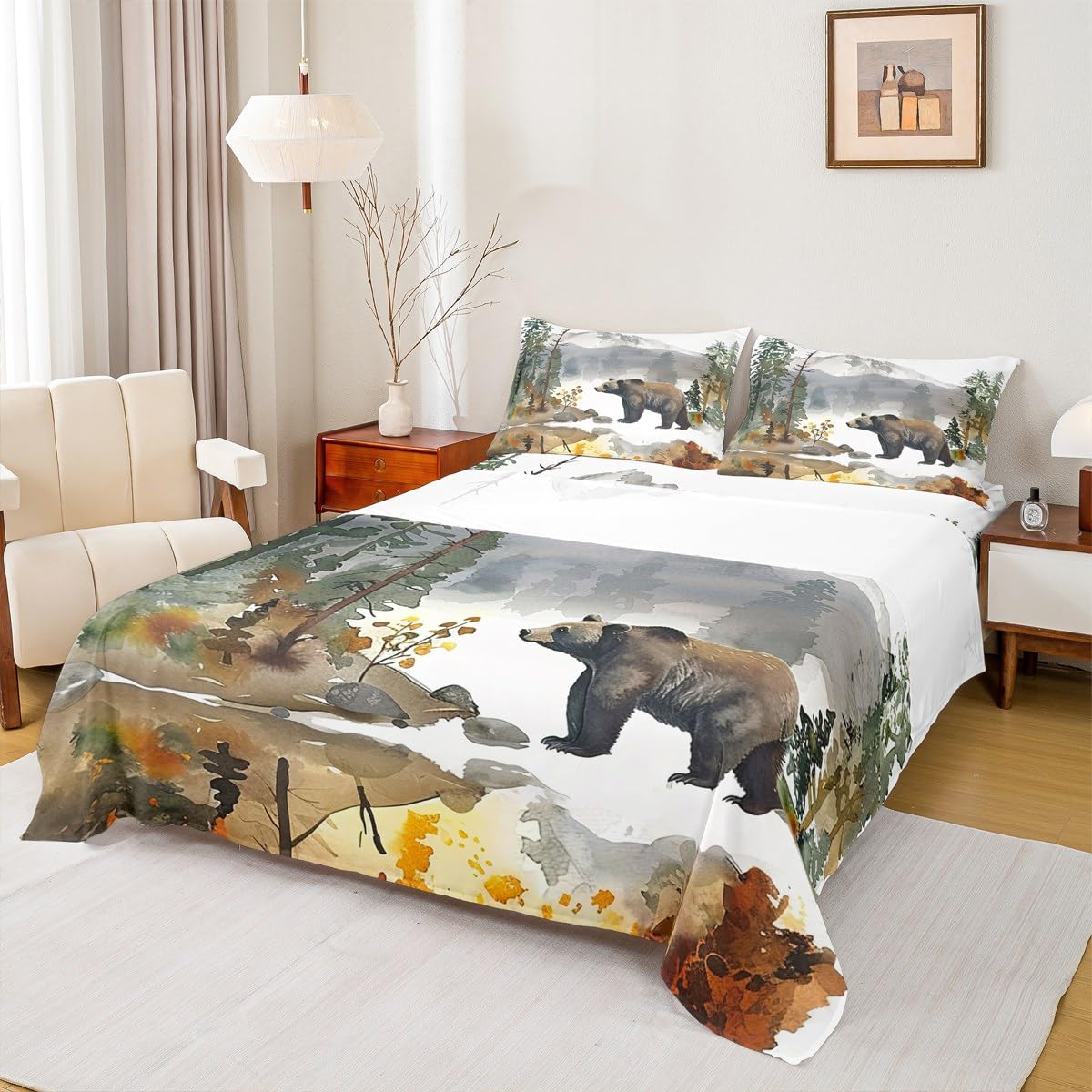 jejeloiu Bear Fitted Sheet Full Size Kids Woodland Bear Bedding Set for Boys Girls Teens Forest Nature Wildlife Bed Sheets Set Pea Green White Bed Cover