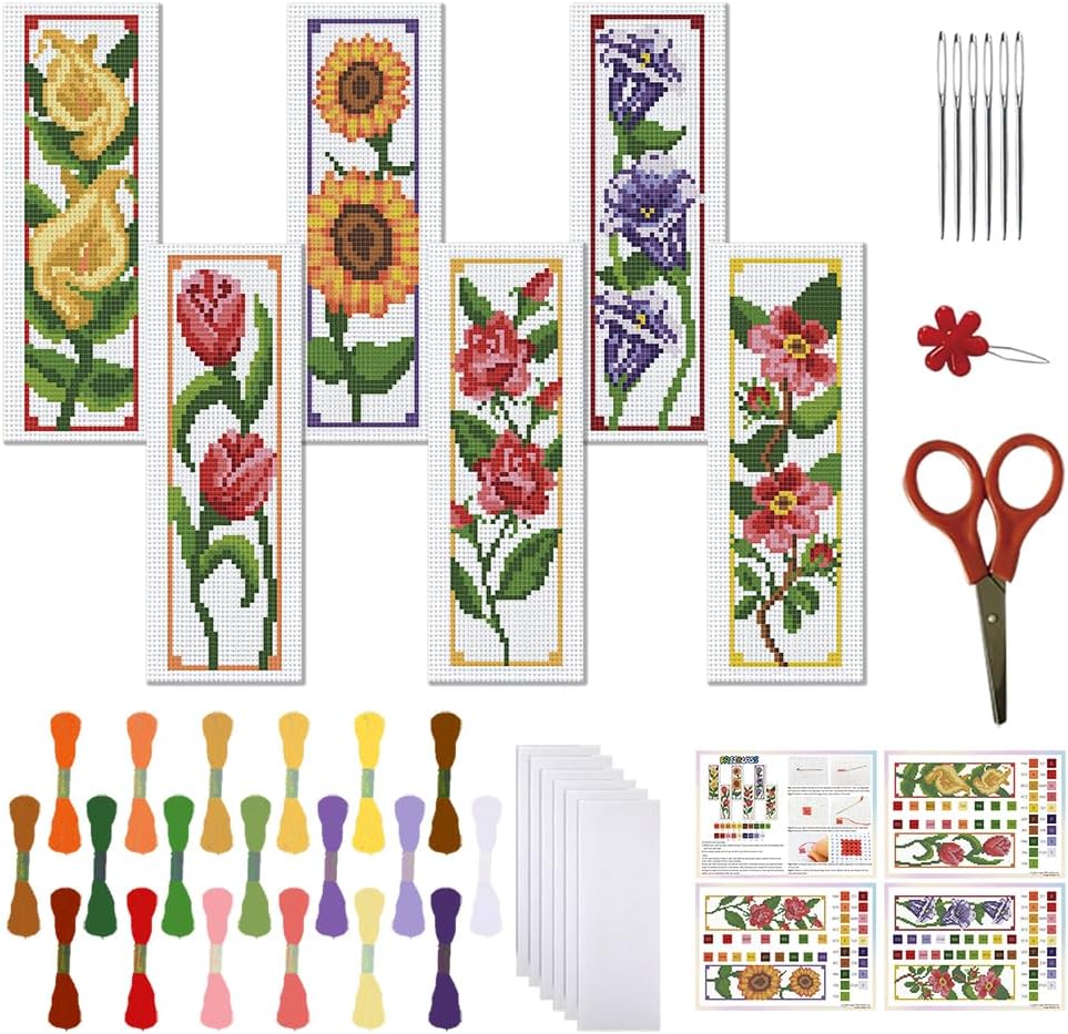 FREEBLOSS 6 Set Bookmark Cross Stitch Kits Stitch Bookmark Cross Stitch Kits with Instructions 6 Flowers Pattern Embroidery Kit for Beginners Bookmark Making Kit for Gift