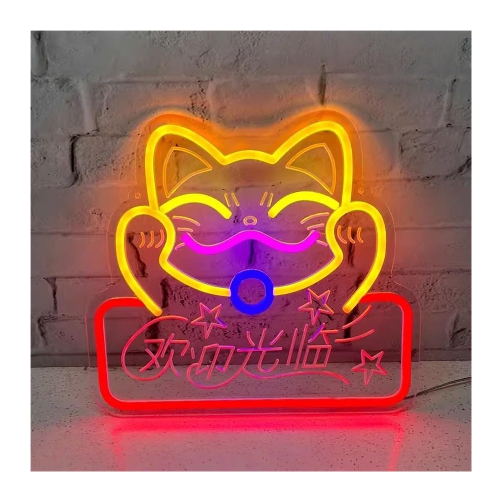 RONGCH Hanging Art Signs Fortune Cat Welcome Neon Sign Personalized Design Store Salon Restaurant Business Lucky Wall Decor 38x35cm(B)