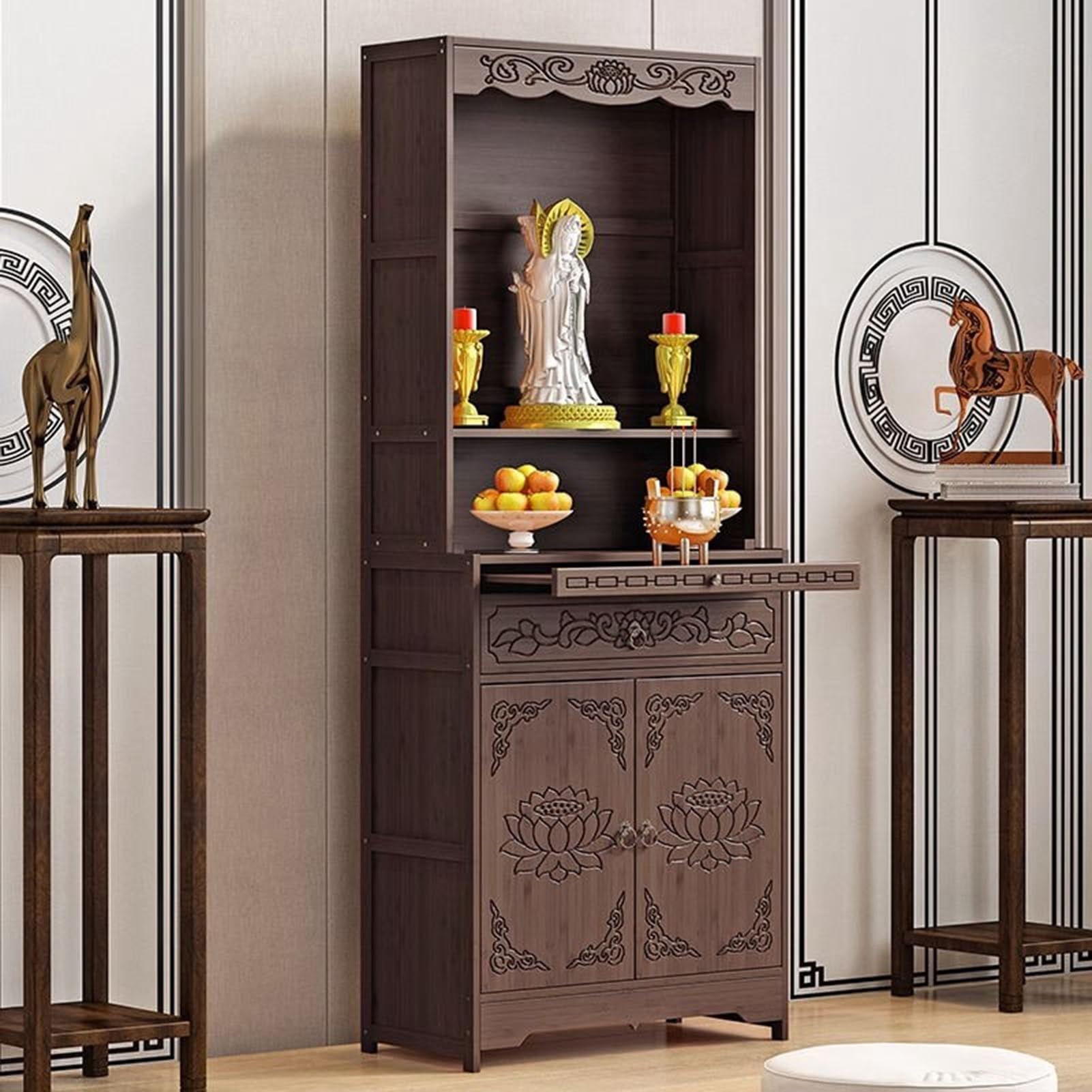 Table d'autel bouddhiste en bambou avec rangement pour méditation