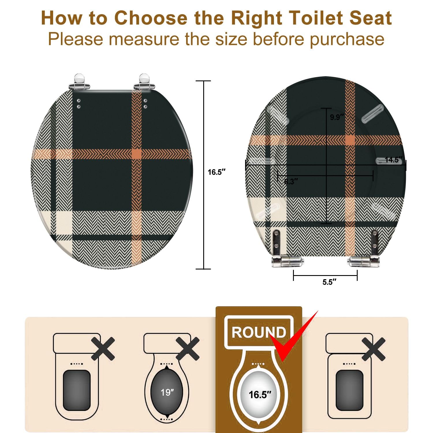 Round Toilet Seat Check black orange beige for autumn winter Seamless herringbone Resin Toilet Seat Quietly Close Quick Release Hinges with Cover Bumpers Decorative Easy to Install Clean