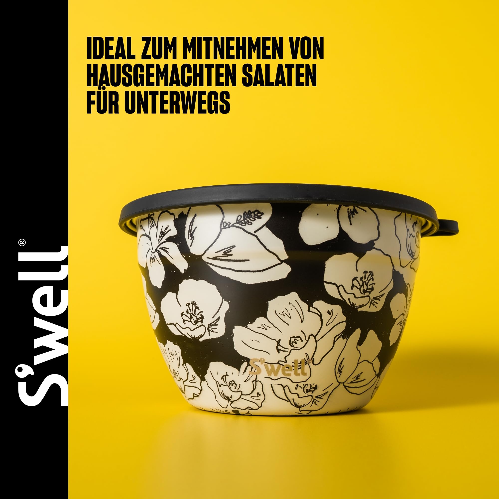 S'well Salatschüssel-Set aus Edelstahl, 1,9 l, Blüten anthrazit, mit 60 ml Gewürzbehälter und abnehmbarer Schale zur Organisation, auslaufsicher, leicht zu reinigen, spülmaschinenfest