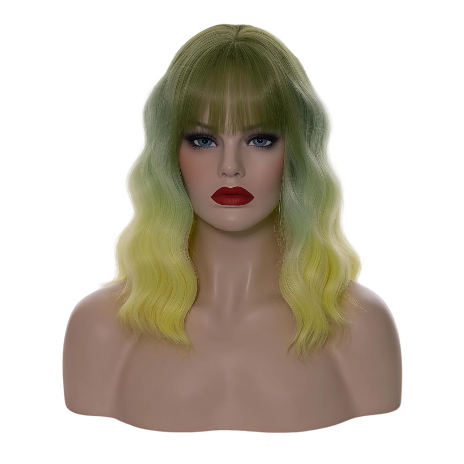 14" Short Bob Gray Green Ombre Yellow Wavy Curly Bangs Wig Air Bangs Shoulder Length Women's Charming Synthetic Wig for Cosplay Party Anime Costume+Wig Cap (Gray Green Ombre Yellow)