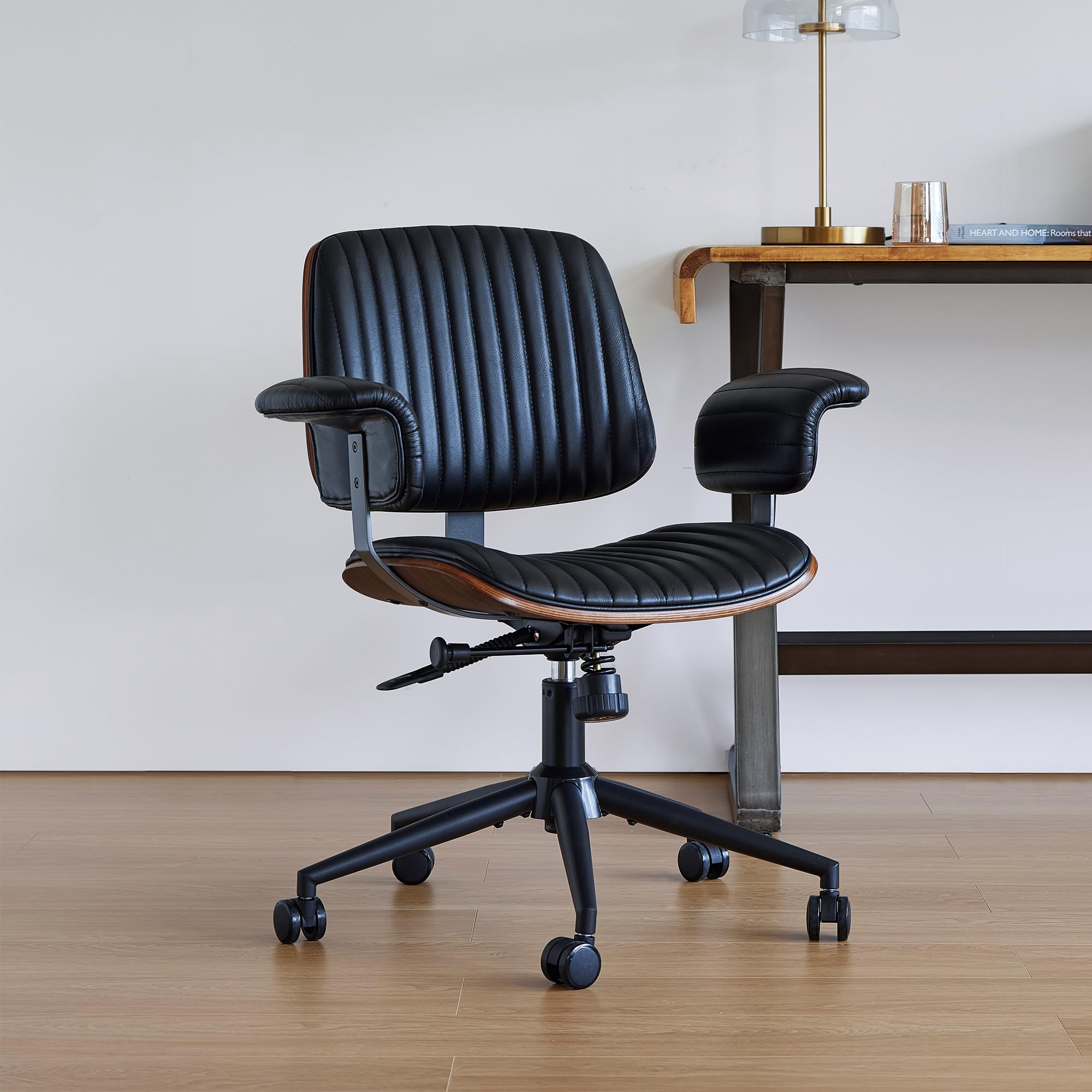 PELLEBAR Home Office Desk Chair, Mid-Century Executive Genuine Leather Chair with Padded Armrests, 360° Swivel Ergonomic Task Chair,Adjustable Height (Genuine Leather,Black)