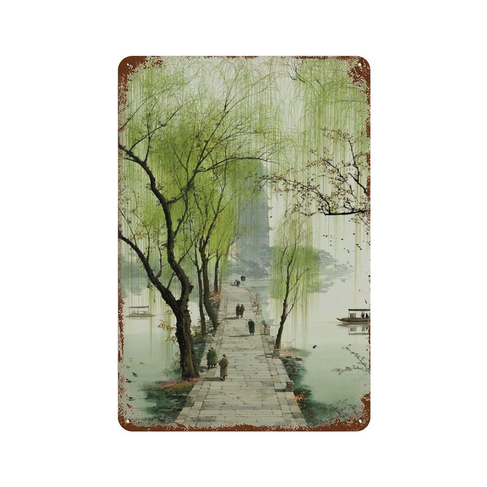 xiaoxiaoshen Chinese Riverside Path Willow Tree Landscape Traditional Zen Nature Oriental Ser Wall Decor Art Metal Tin Poster Modern Home Decor Art Home Bar Shop Decorations Vintage Sign 30x20cm