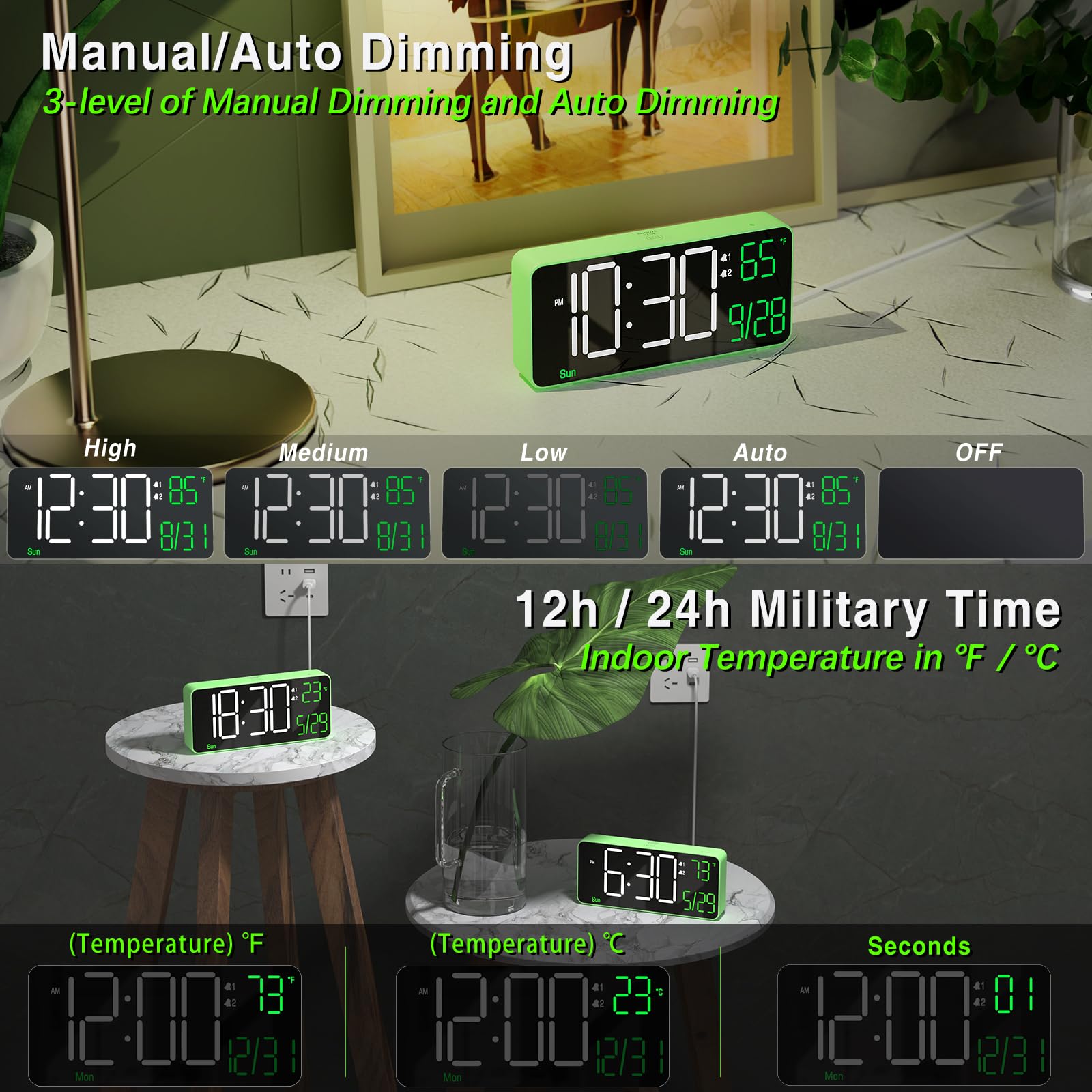 KOSUMOSU Digital Clock for Bedroom, 6.7in Desk Clock, Auto Dimming, Room Temperature, Day of The Week, Date, Seconds, Clocks for Living Room, Alarm Clocks for Bedrooms