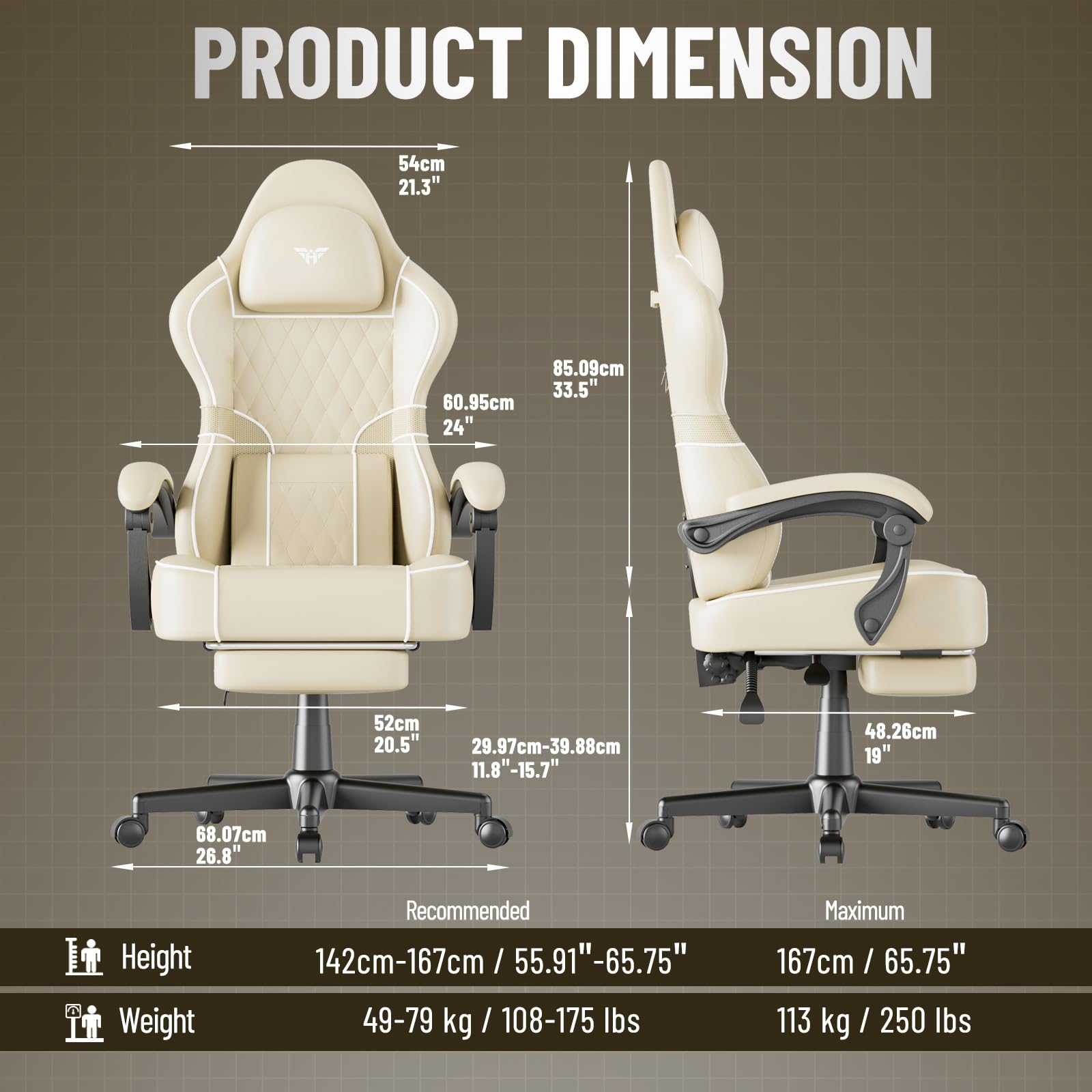 Huracan Chaise Gaming, Fauteuil Gamer avec Massage, Gaming Chair Ergonomique pour PU, Siège de Bureau Gaming réglable et pivotante à 360°, Chaise Gamer avec Repose-Pieds, Beige