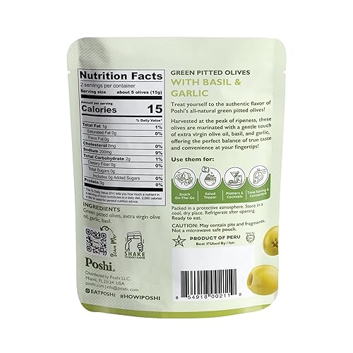 Miniatura 2 de Poshi - Aceitunas verdes sin hueso | Albahaca y ajo | Veganas, Kosher, sin gluten + aptas para dieta cetogénica, aperitivos saludables frescos y