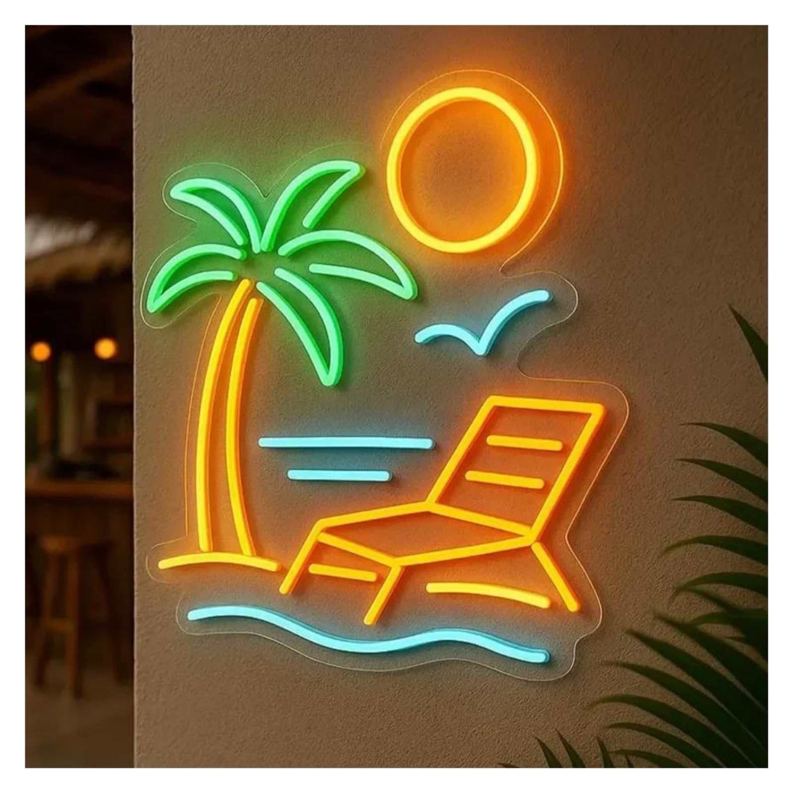 Shouxi One Color Sign Lamp Palm Tree Neon Sign Sunrise And Sunset Lounger Wave Beach Decor Pool Hotel Wall(60Cm)
