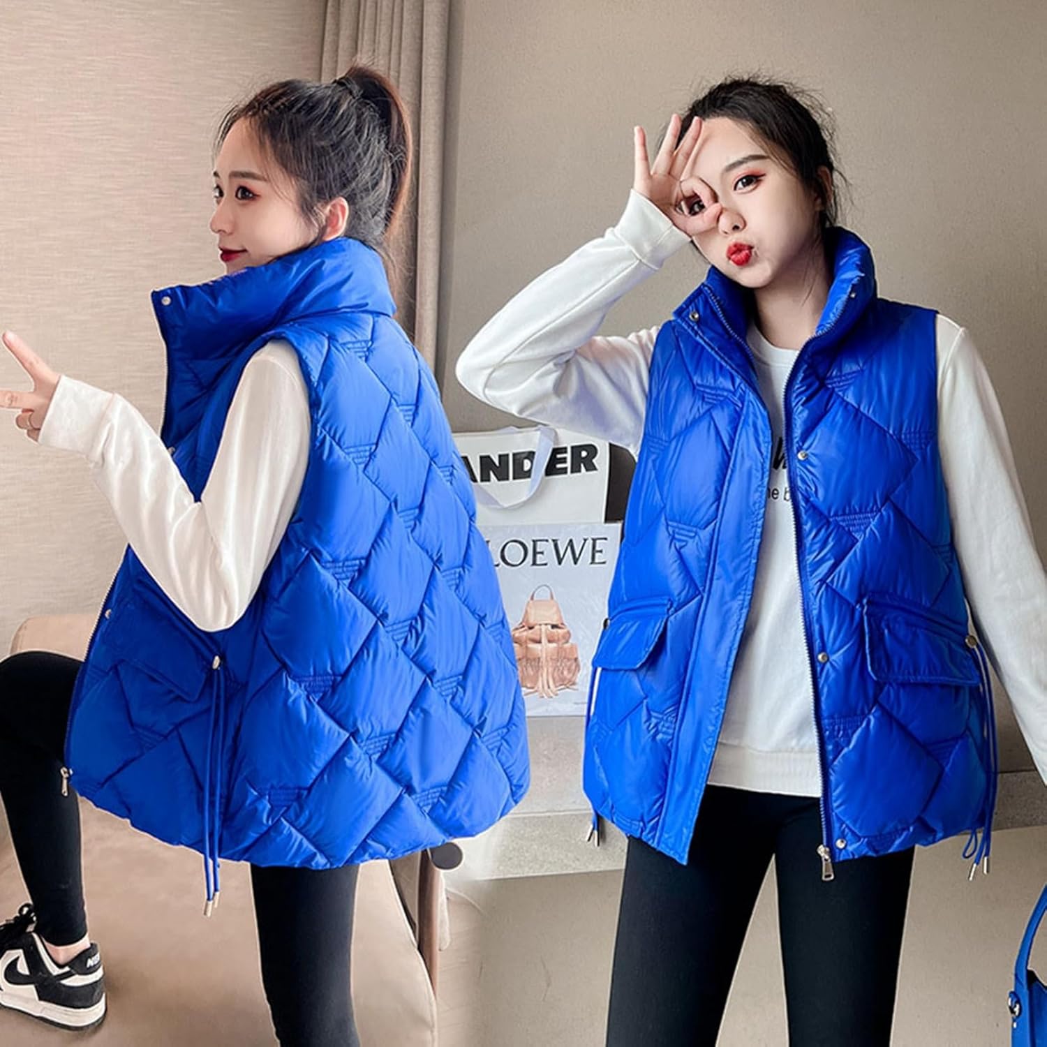 [Monotory] ダウンベスト レディース 学生 春秋冬 ショート丈 スタンドカラー 袖なし ジップアップ ポケット付き 中綿ベ