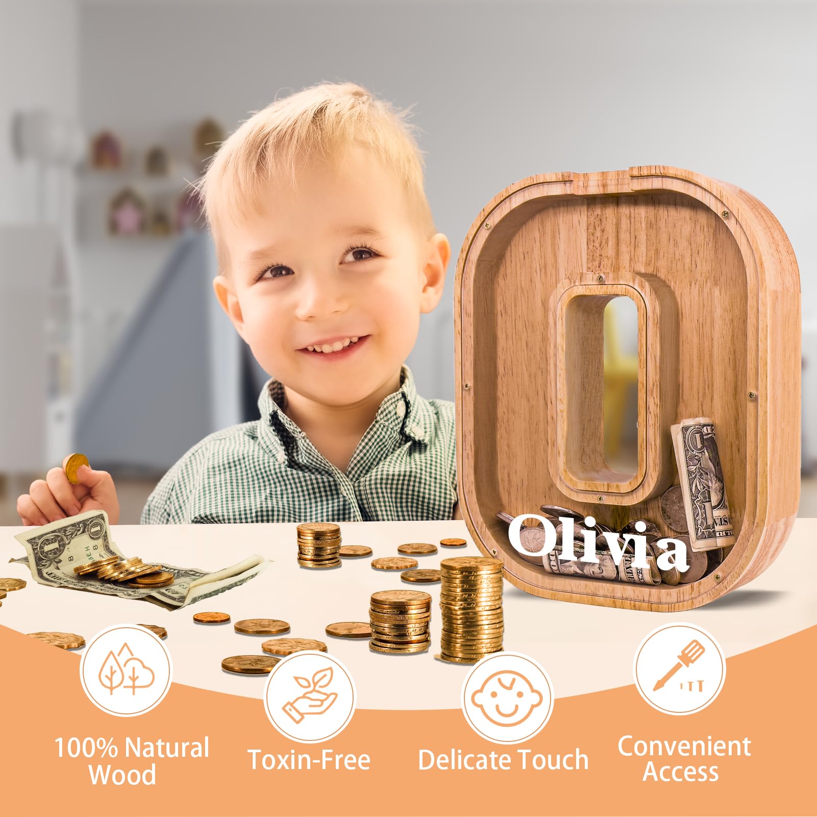 Bemaystar Personalised Letter Money-Box For Kids,Wooden Initial Letters Piggy-Bank For Kids Boys Girls, Coin Bank, Personalised Gifts For Kids(D...