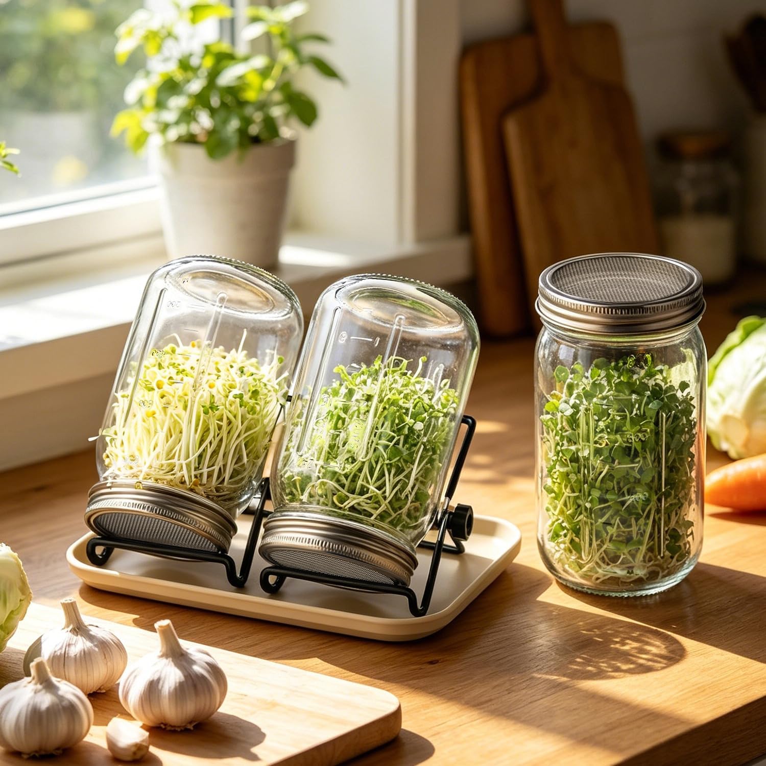 2PCS 1000ML Sprouting Jars with 86mm Wide Mouth Mason Jar with Stainless Steel Screen Sprout Lids,3.7X6.5 inches Sprouts Growing Kit,Organic Seed Sprouting Jar Kit