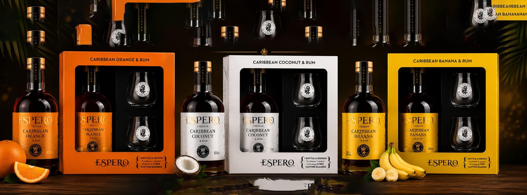 Vorratspack 3 x 0,7 l - Espero Caribbean Rum Geschenkset 3er Pack - Orange, Coconut & Banana Likoer Boxen - Exotisches Tasting Set inklusive insgesamt 6 Glaesern
