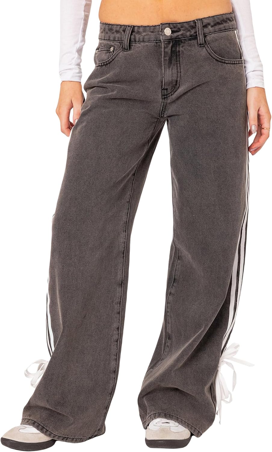 Y2K Low Rise Bow Jeans for Women Side Stripe Tie Straight Leg Denim Pants Baggy Jeans with Pocket Streetwear