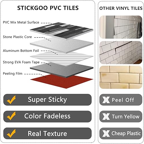 Miniatura 3 de STICKGOO 20 hojas de azulejos autoadhesivos para salpicaduras para cocina y baño, aspecto de madera negro y gris, PVC, mezcla de metal plateado,