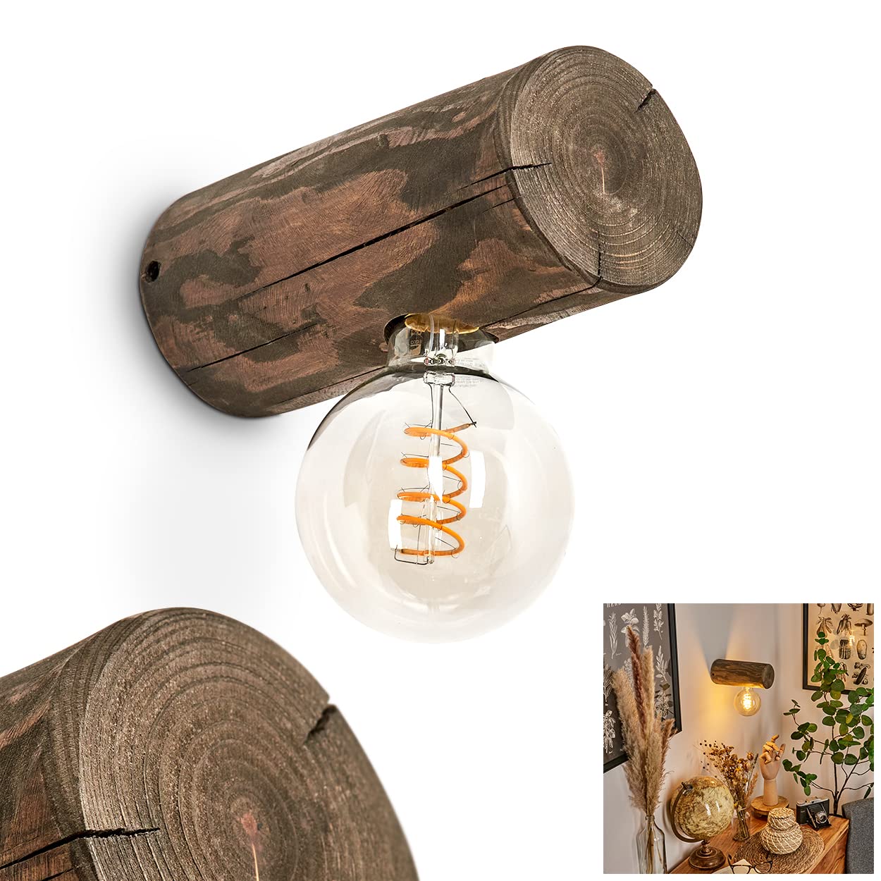 Aplique de pared Canedo, Lámpara de pared de madera en marrón natural/oscuro, 1 x E27, Lámpara de lectura moderna de estilo escandinavo, sin bombilla(s)