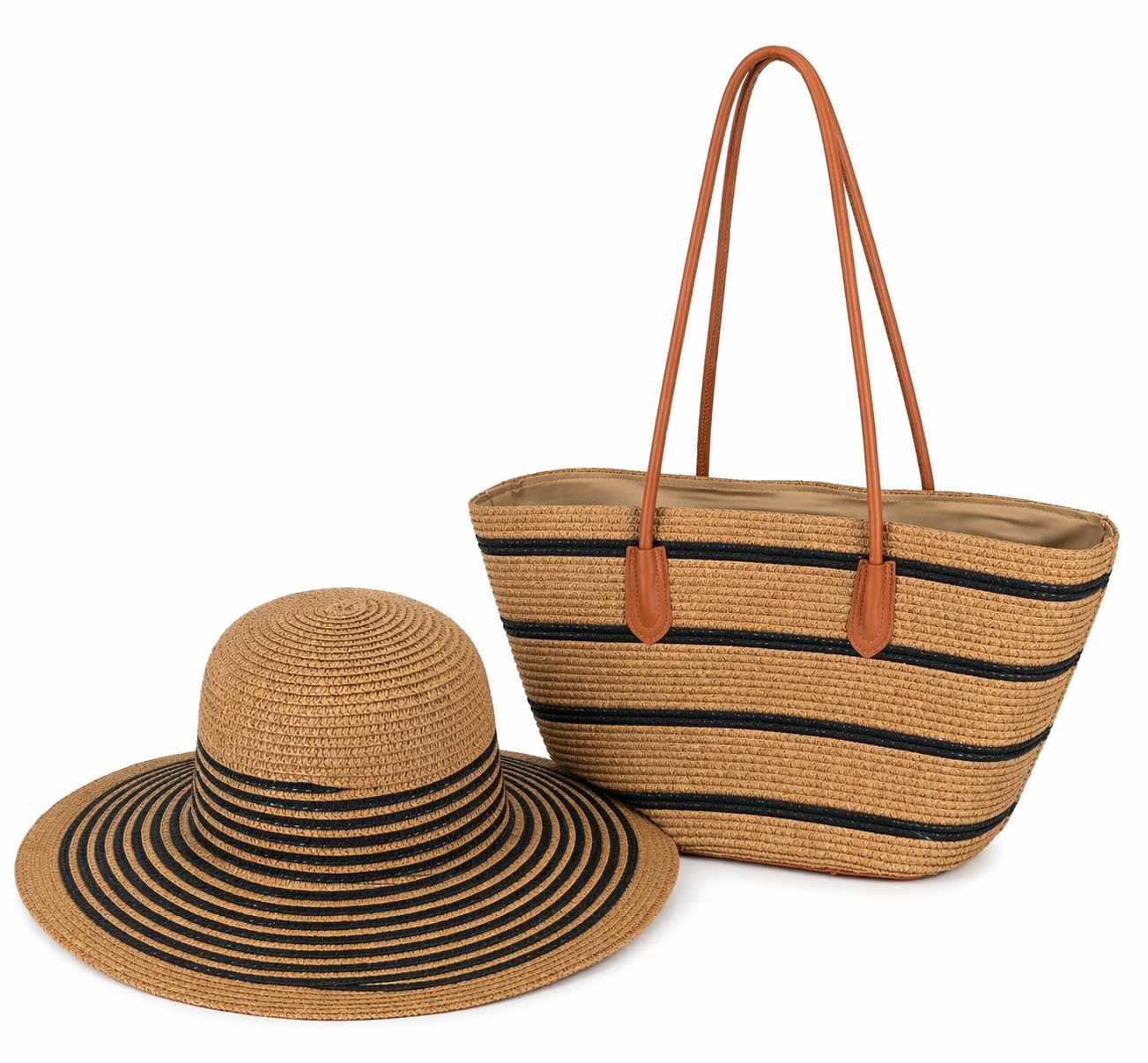Generisch Damen Sommer Strand-Set, Strohtasche & Hut, Schwarz, Papiermaterial, Tasche 40x60 cm, Hut 41x13 cm | Strand und Urlaub