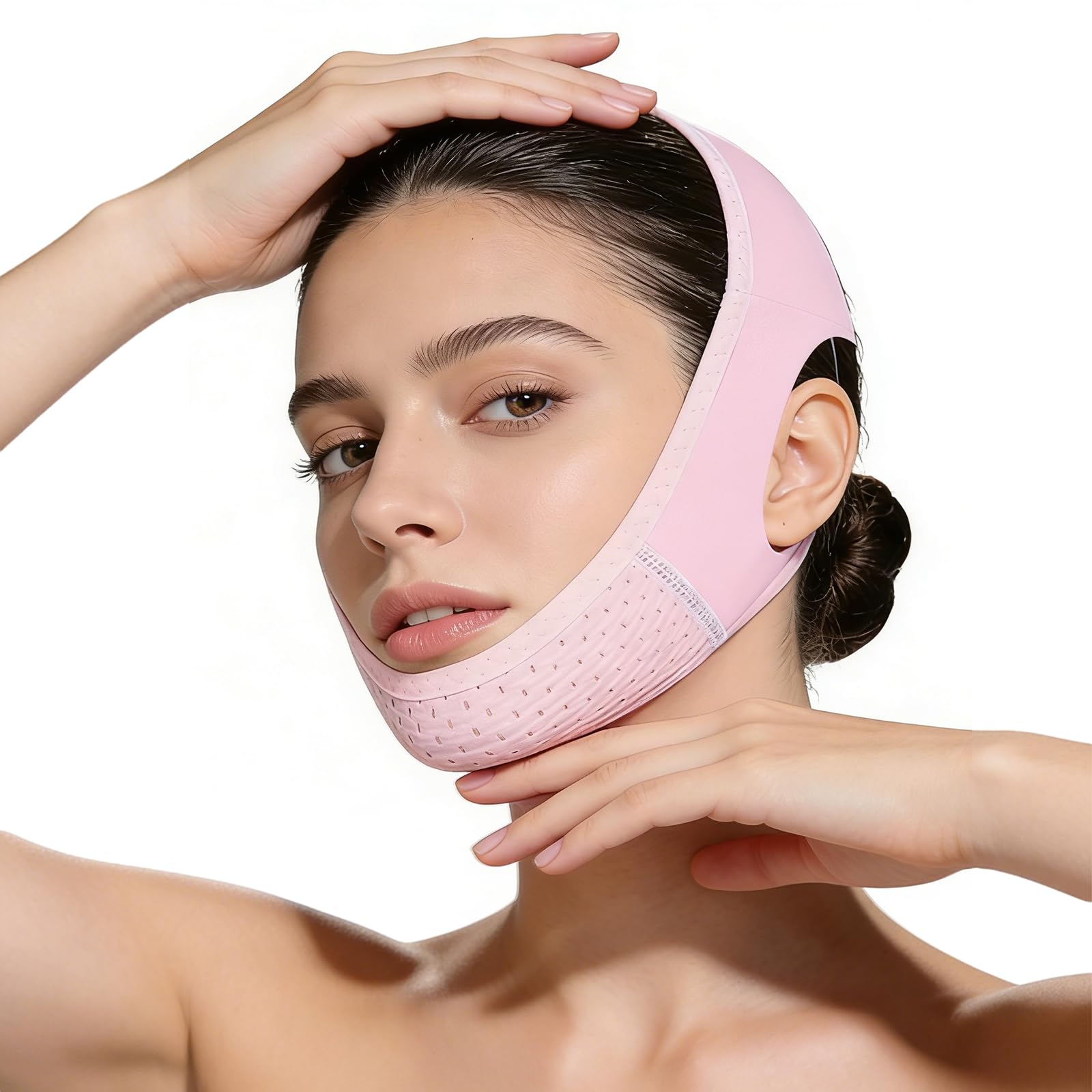 Maschera V Facciale Riutilizzabile,V Fascia Lifting Mentoniera Antirughe,Riduttore Doppio Mento con Effetto Snellente Viso,Fascia Reggente per Rassodare il Contorno Viso e Mento,Pink
