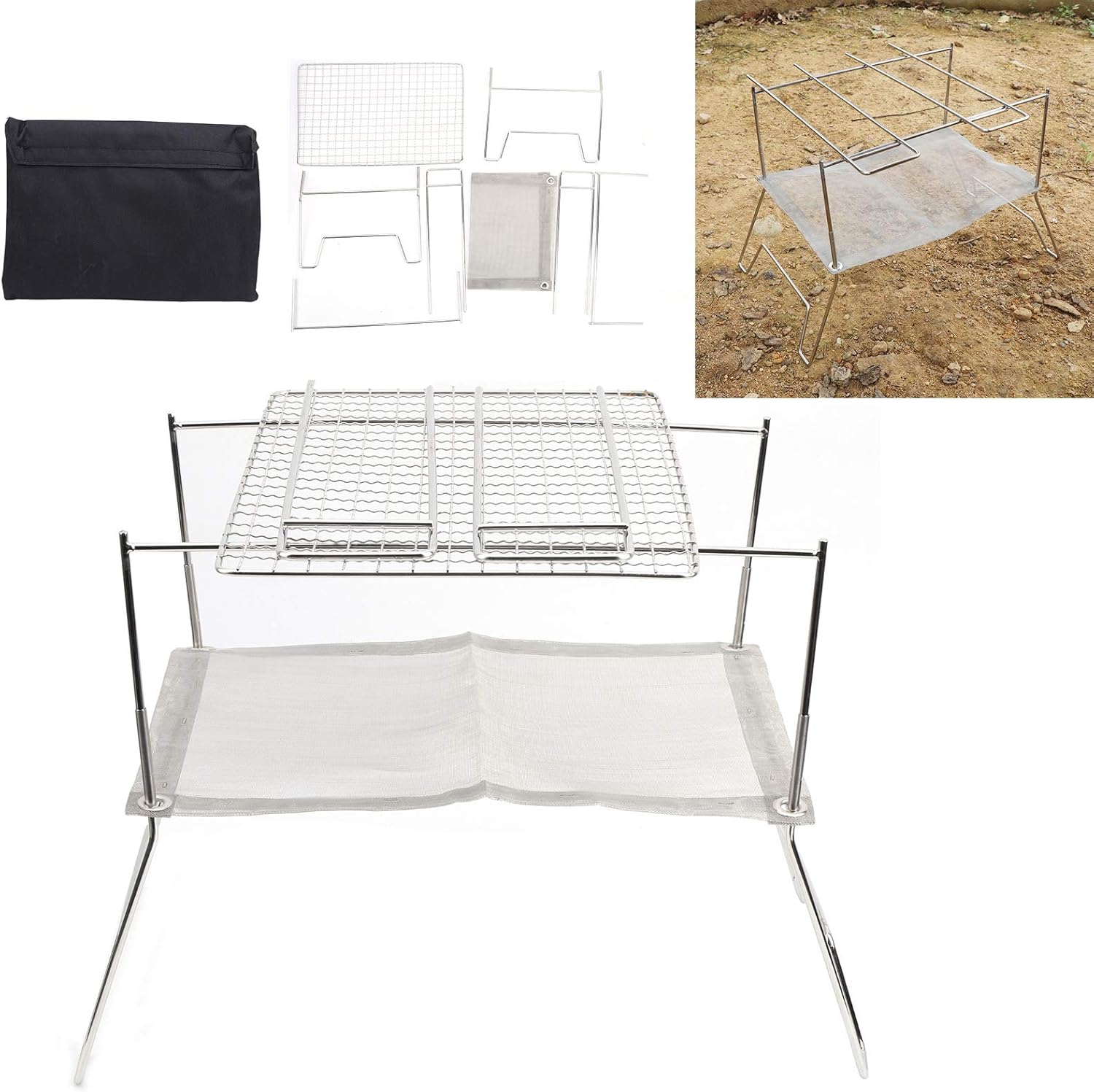 Stainless Steel Wire Outdoor Barbecue Stove, Folding Grill with Baking Net, Portable BBQ Grill for Picnic Camping, Large Capacity Cooking Grid with Uniform Heat Distribution, Inclu