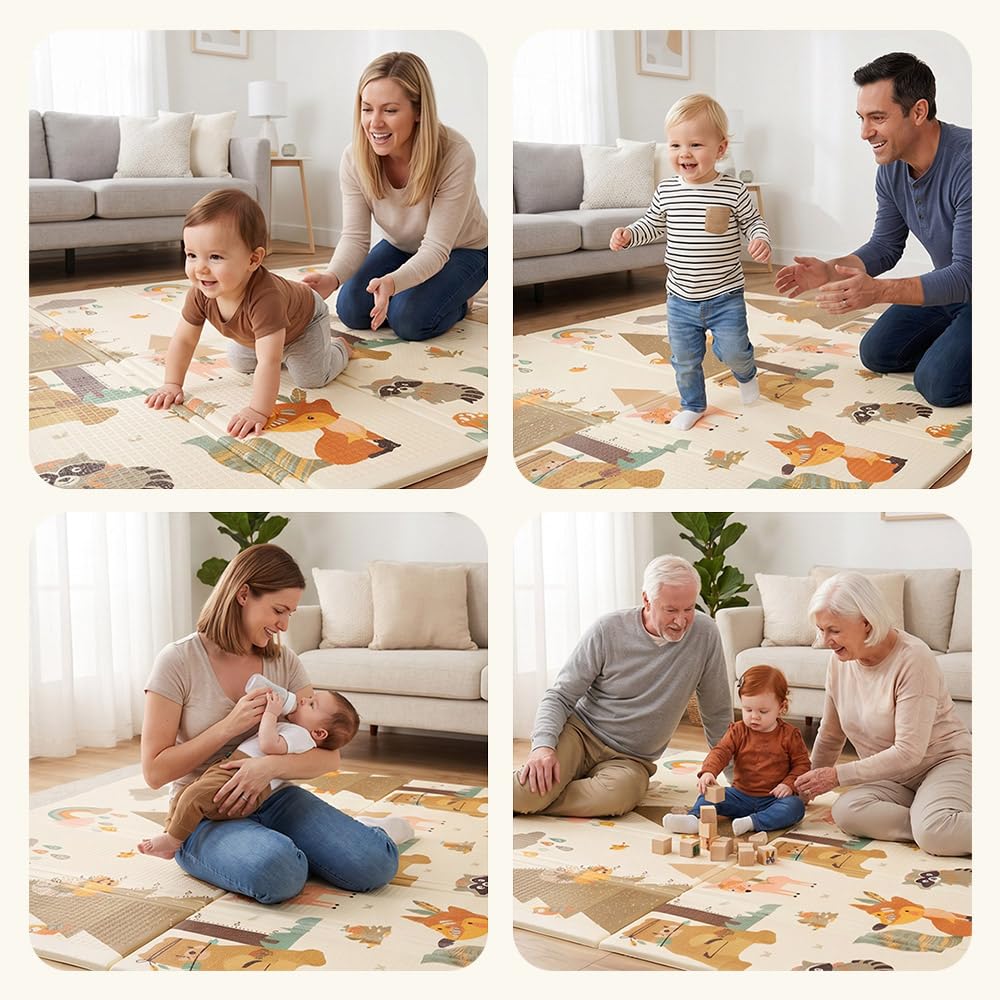 PlayPals Krabbelmatte für Babys, Baby Spielmatte, Krabbeldecke Baby, 2 cm Dicke Spielmatte, Beidseitig Verwendbar, Faltbar, Wasserdicht, Rutschfest, 200x180 cm, mit Aufbewahrungstasche, Wald | Krabbeldecke Extra Groß und Dick, Faltbar, Wasserdicht, Rutsch