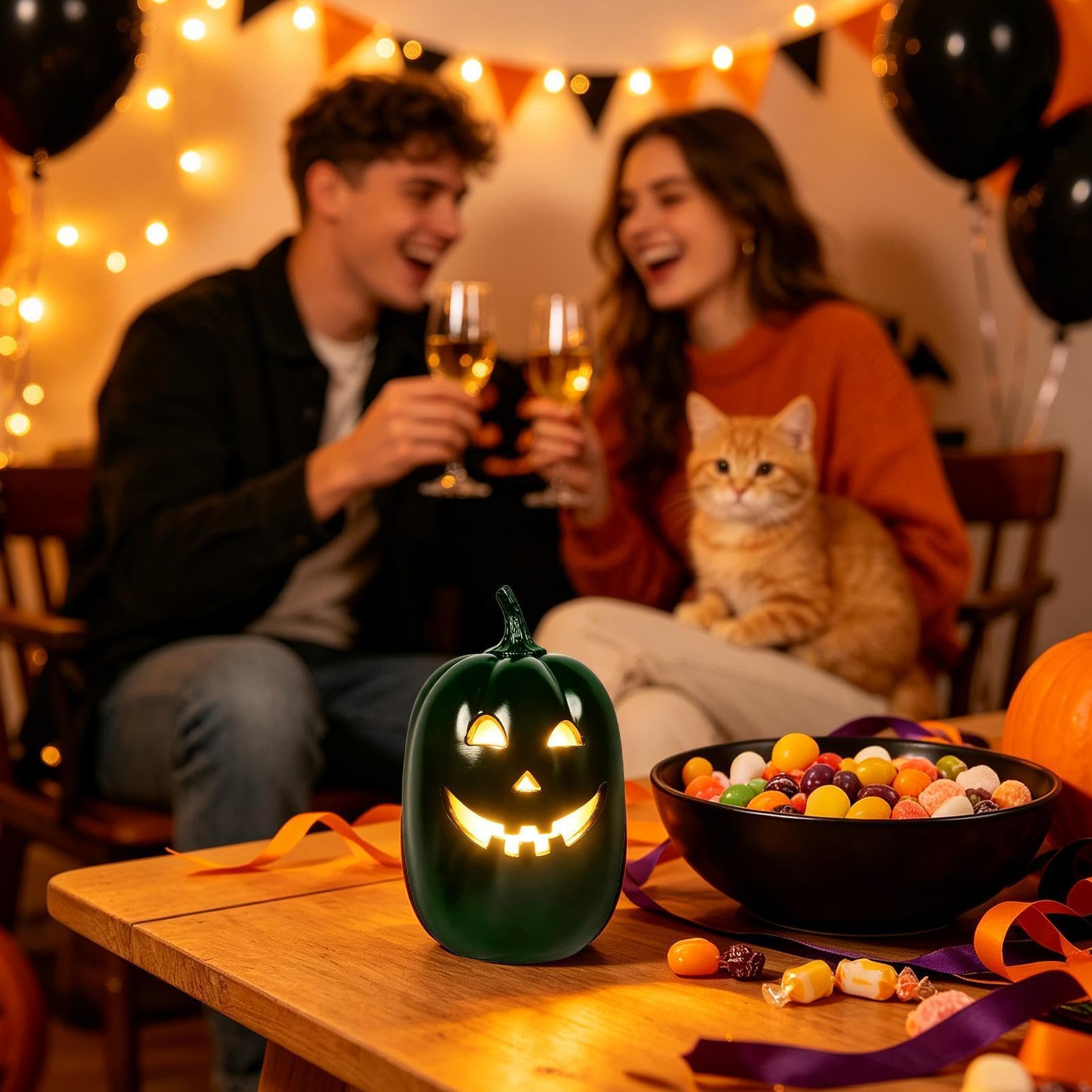 Halloween Pumpkin Lights - Lanterna in resina cava spettrale a batteria | Luci di Halloween Autunno Zucca Decorazione per la Casa Tavolo da Pranzo Camino Fattoria Ufficio Casa infestata Festa Vacanze