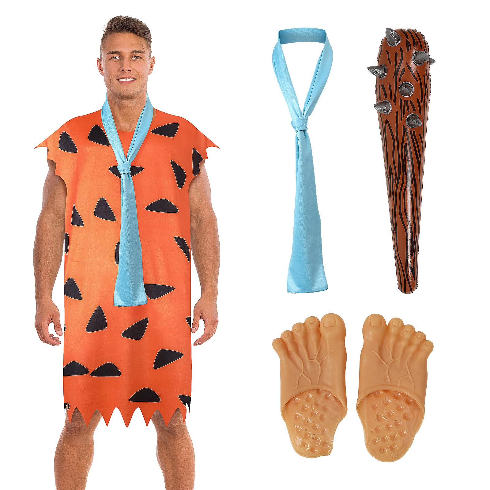 Adults Men Fred Flintstone Costume Fancy Dress, 4 PCS Caveman Cosplay Outfits with Feet Covers Inflatable Club Stick Necktie (Large)