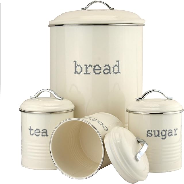 EHC Set of 4 Round Tea, Coffee & Sugar Canisters With Bread Bin - Cream