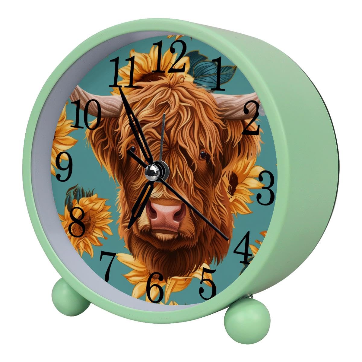 Alarm Clock Highland Cow Sunflowers, Silent Non-Ticking with Night Light
