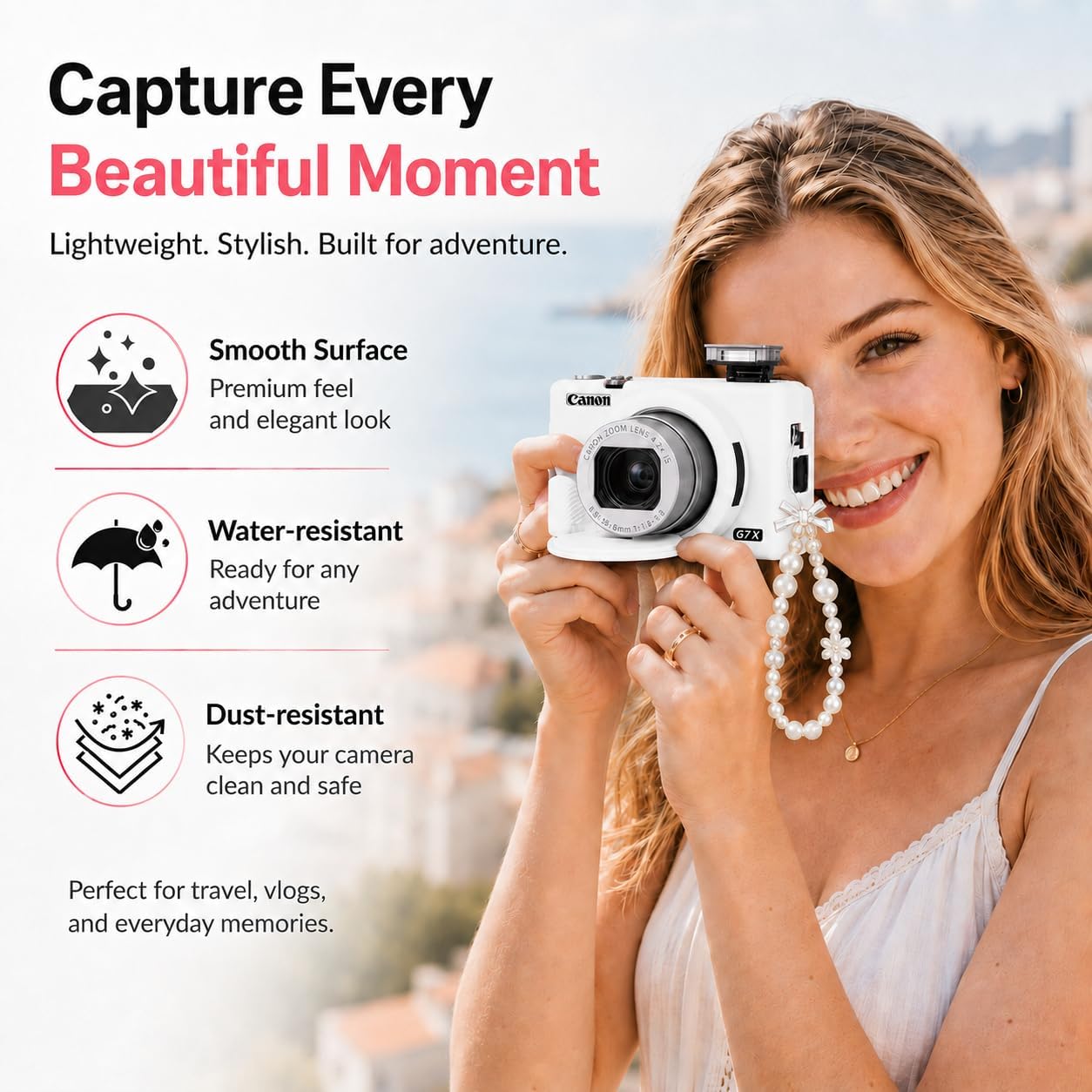 Silicone Camera Case for Canon G7X Mark III with Removable Lens Cover,BraceletWrist Strap,2 Tempered Glass Screen Protectors,Protective Travel,DailyPhotography Camera Accessories (White) image 2