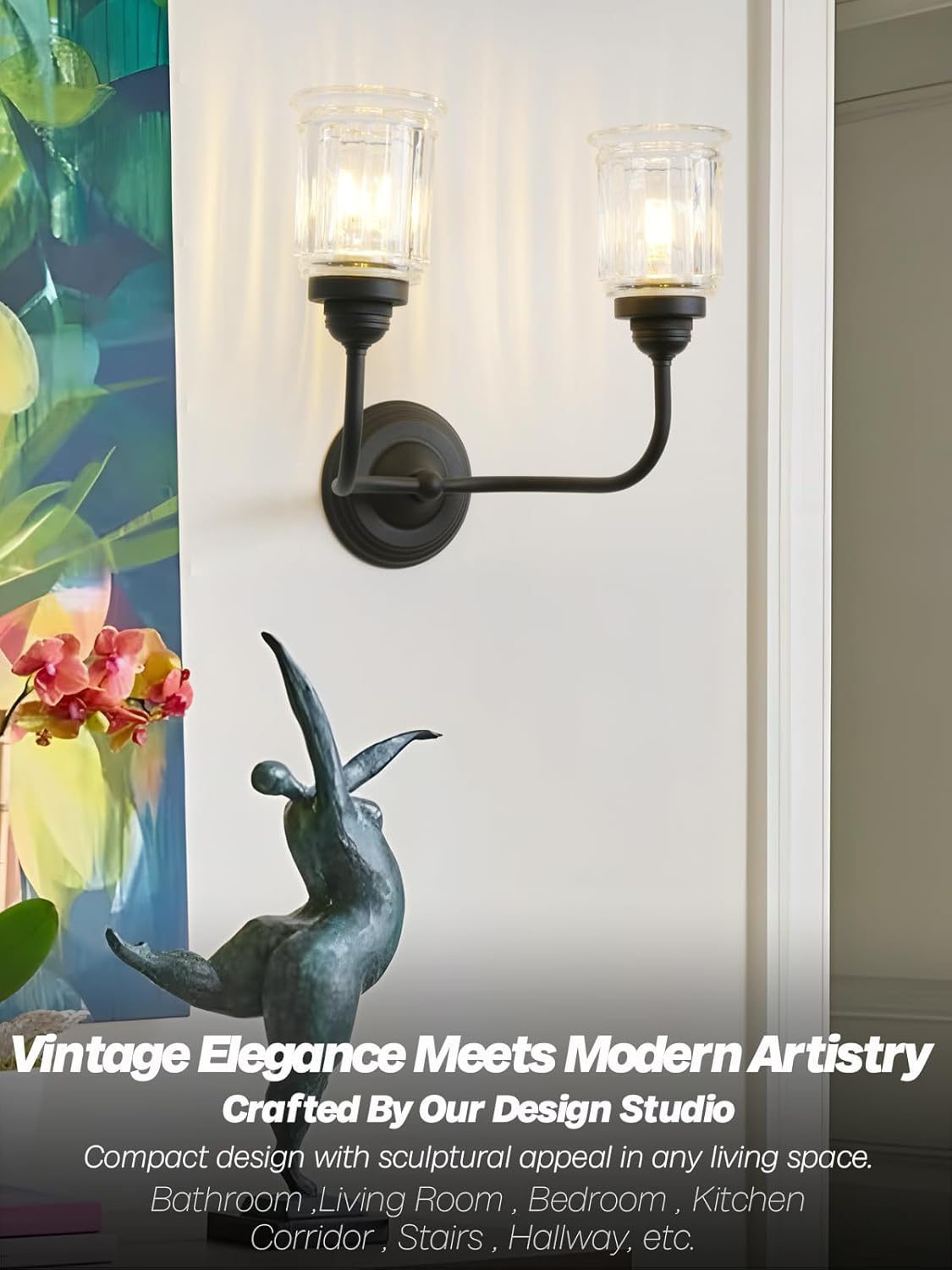 Modern Double Glass Wall Sconce Light Black Finished, Industrial 2-Lights Bathroom Vanity Lighting for Bedroom Living Room Dining Room Hallway