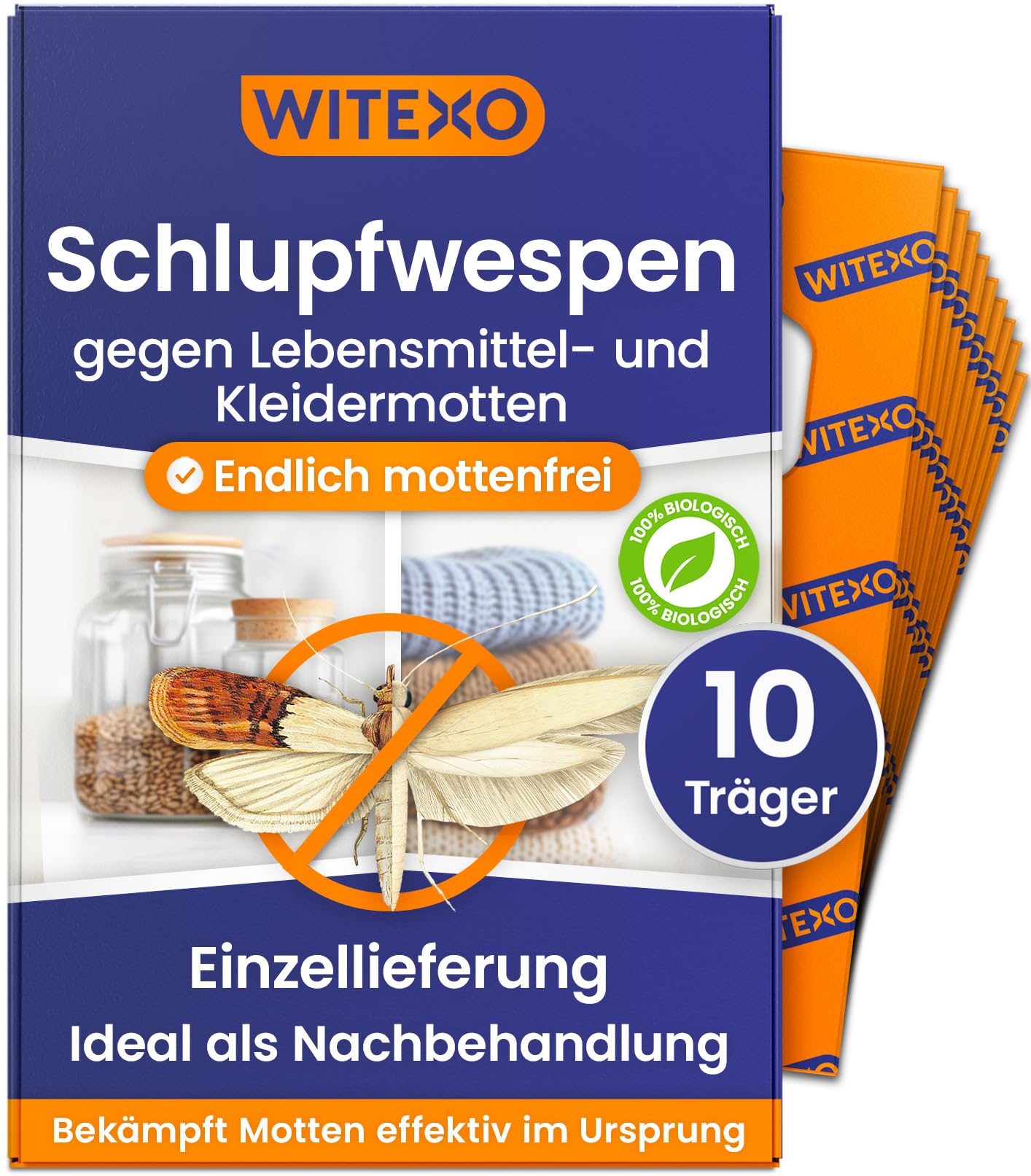 Witexo Schlupfwespen gegen Lebensmittelmotten und Kleidermotten - Einzellieferung mit 10 Trägerstreifen - Ergänzungskur - Alternative zu Mottenfalle