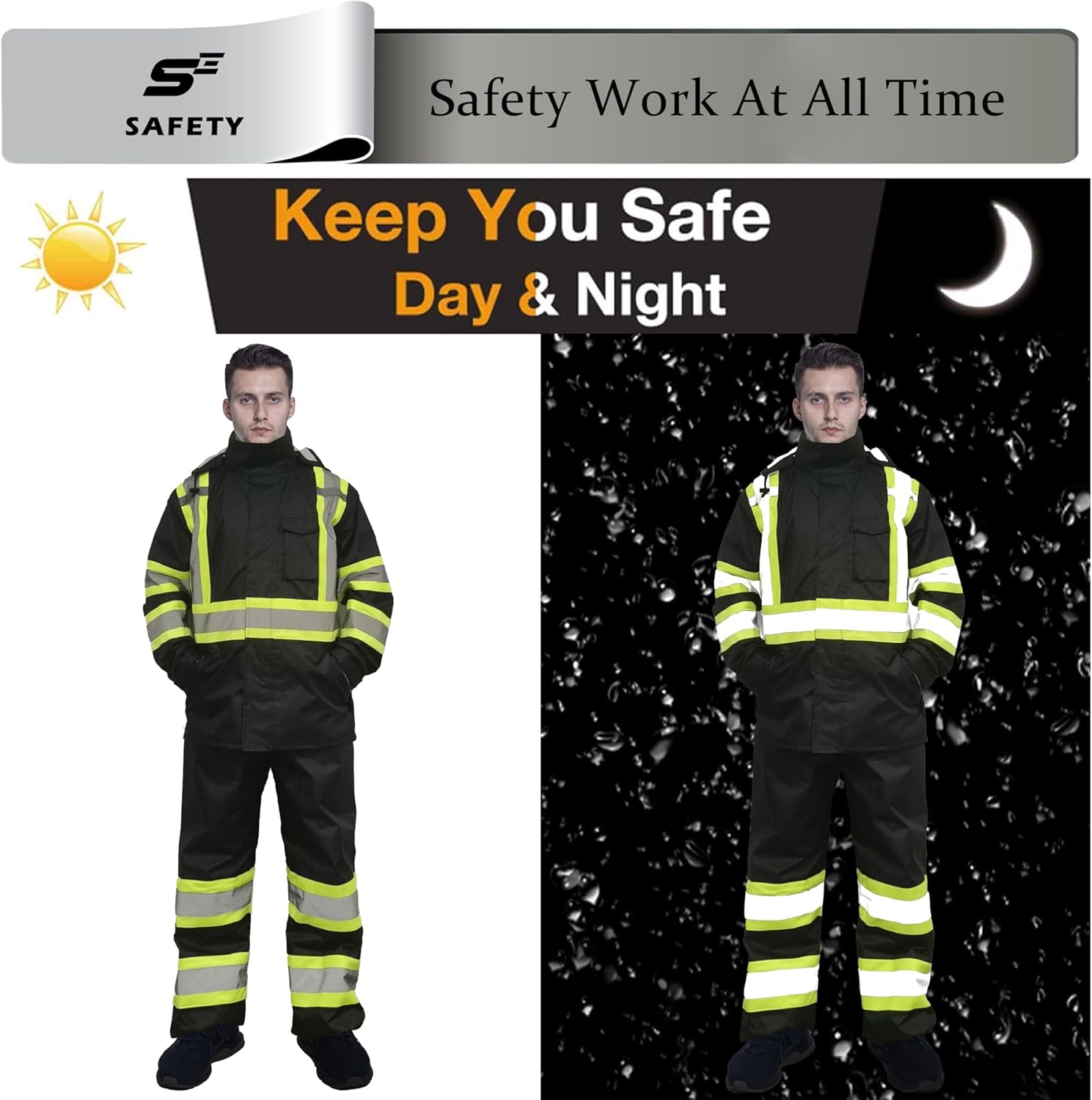 sesafety Hi Vis Rain Jacket, Rain Suits for Men Waterproof withBlack Bottom, Rain Coats for Men Interior Mesh, Class 3 HighVisibility Rain Gear,Removable Hood - Image 5