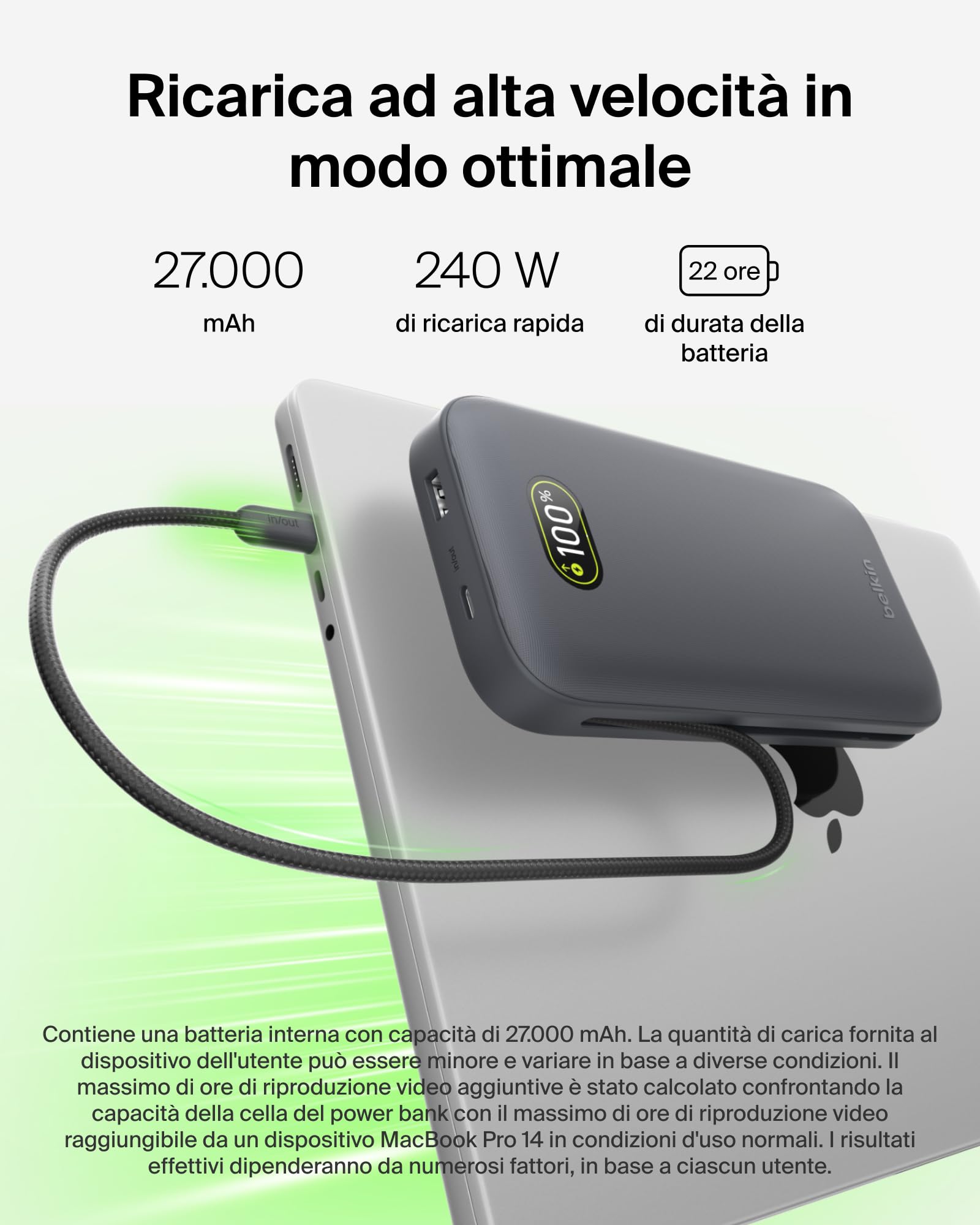 Belkin UltraCharge Pro Power Bank 27000mAh, Caricatore Portatile con Cavo USB C Integrato, USB PD 240W, Power Bank Portatile con Carica Rapida per MacBook Pro, iPhone, iPad Pro, Galaxy, Pixel, Carbone