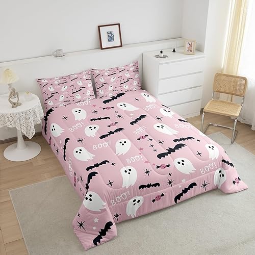 Miniatura 10 de Juego de edredón con estampado de calavera y fantasma para niños y niñas, lindo edredón de fantasma, tamaño matrimonial, juego de ropa de cama de