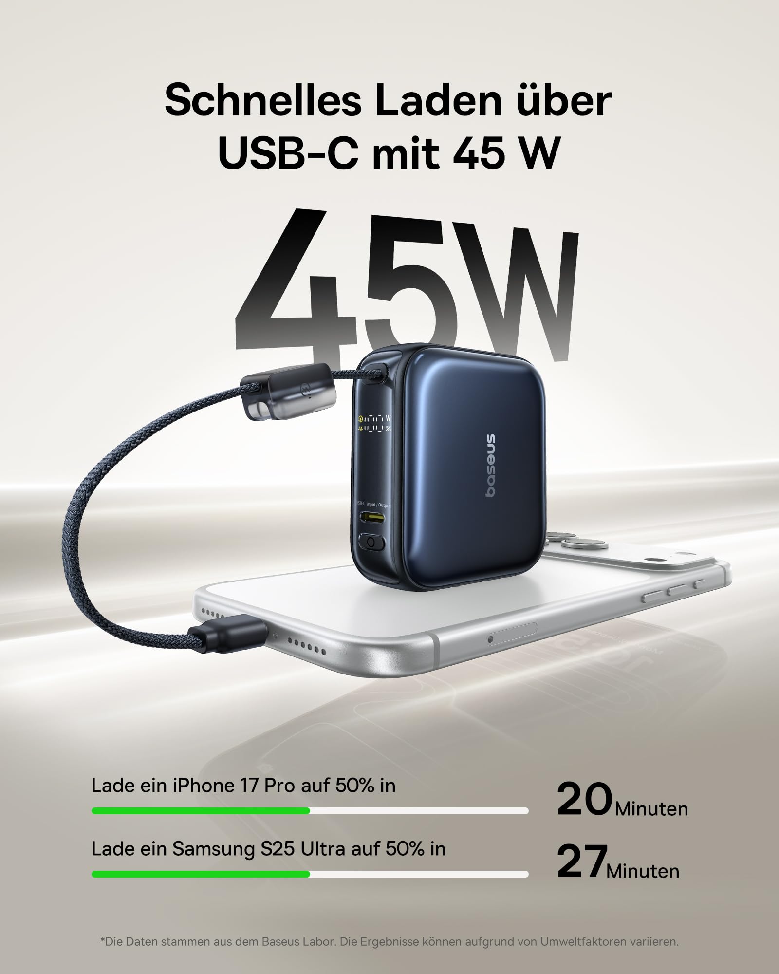 Baseus AC22 Mini Powerbank 10000 mAh, 45 W PD Power Bank Small with Integrated USB-C Cable, External Mobile Phone Batteries in Pocket Size for iPhone 17/16/15, Samsung S26/S25 Ultra, iPad, Pixel 10/9