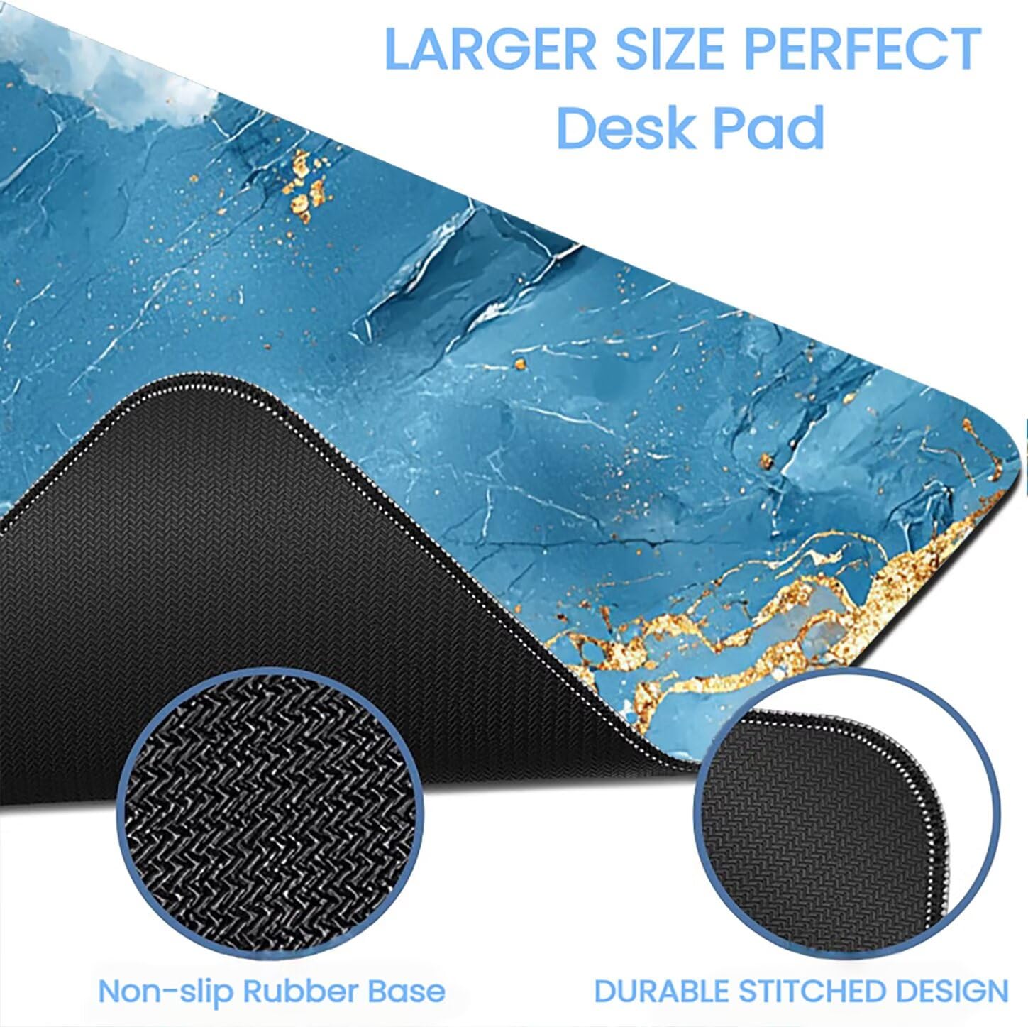 Lpfieonn Marmormuster Großes Schreibtischunterlage, XXL Schreibtischunterlagen, Blau XXL Wasserdicht Gaming Mousepad mit Vernähter Rand und Rutschfeste Gummibasis, für Hause/Büro 120x60cm PF-2451