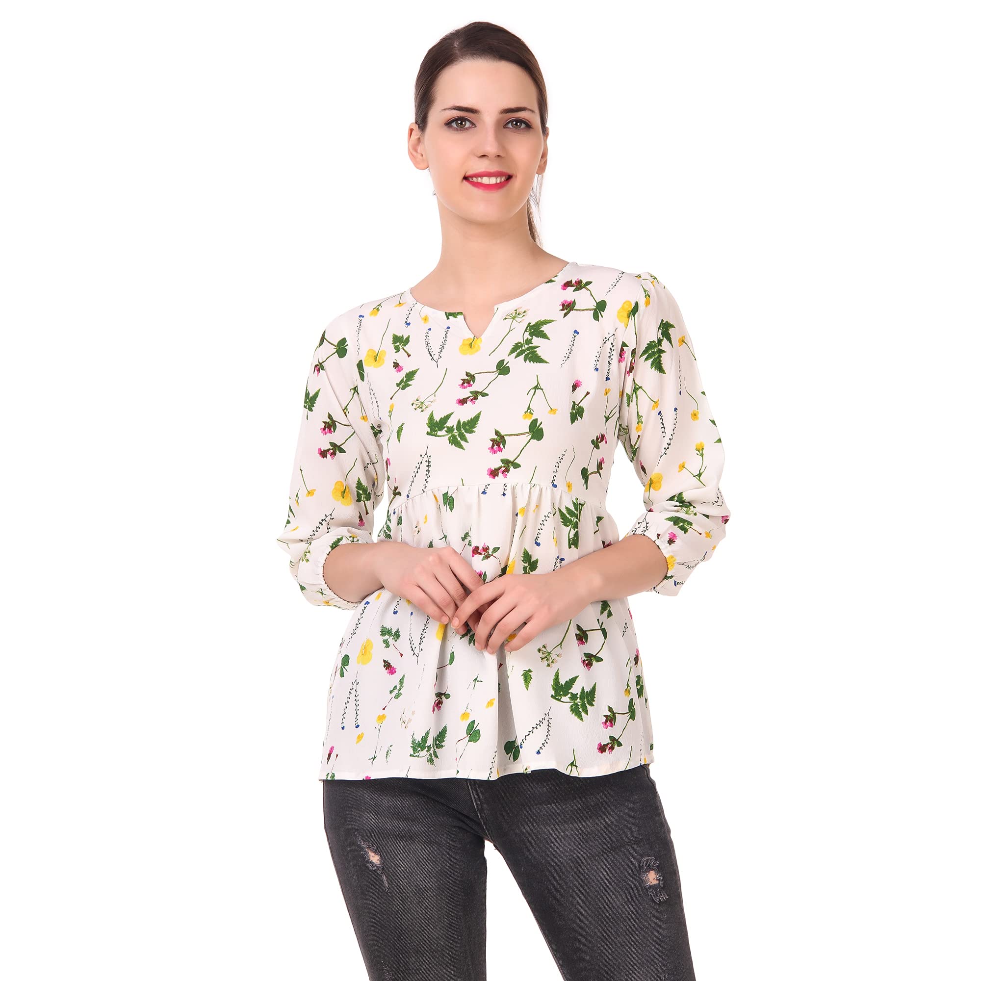 9ine pillars White Color and Flowers Printed Women or Girls Top(111-TOP-OFFWHITE-S)-picture-33