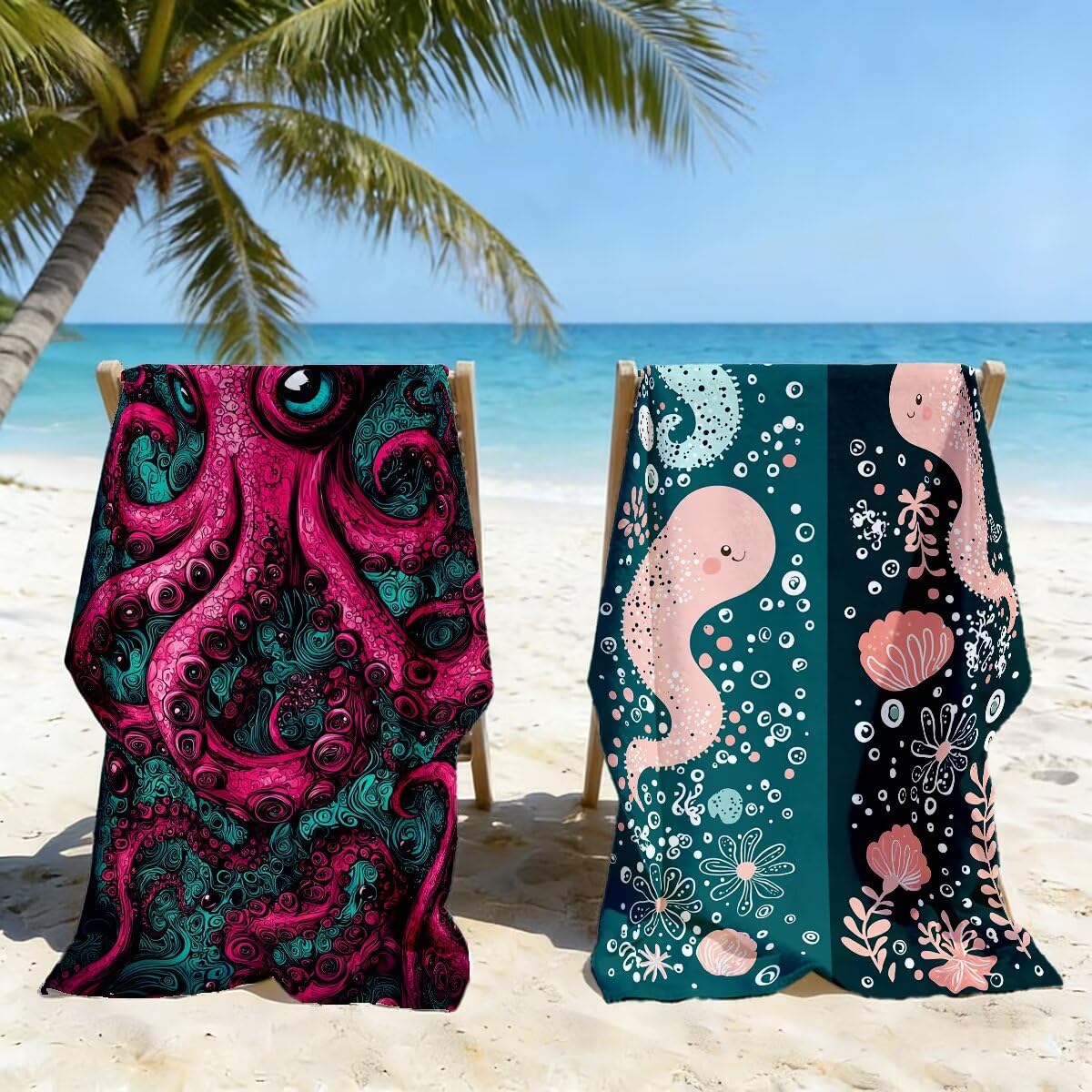 Toalla Playa 80x160 cm, Toalla Gimnasio Microfibra Secado Rapido, Juego de 2 Antiarena Toallas de Playa, Ligera Compacta Toallas Microfibra Grande para Viaje, Regalo Hombre Regalo Mujer (Pulpo) -4935