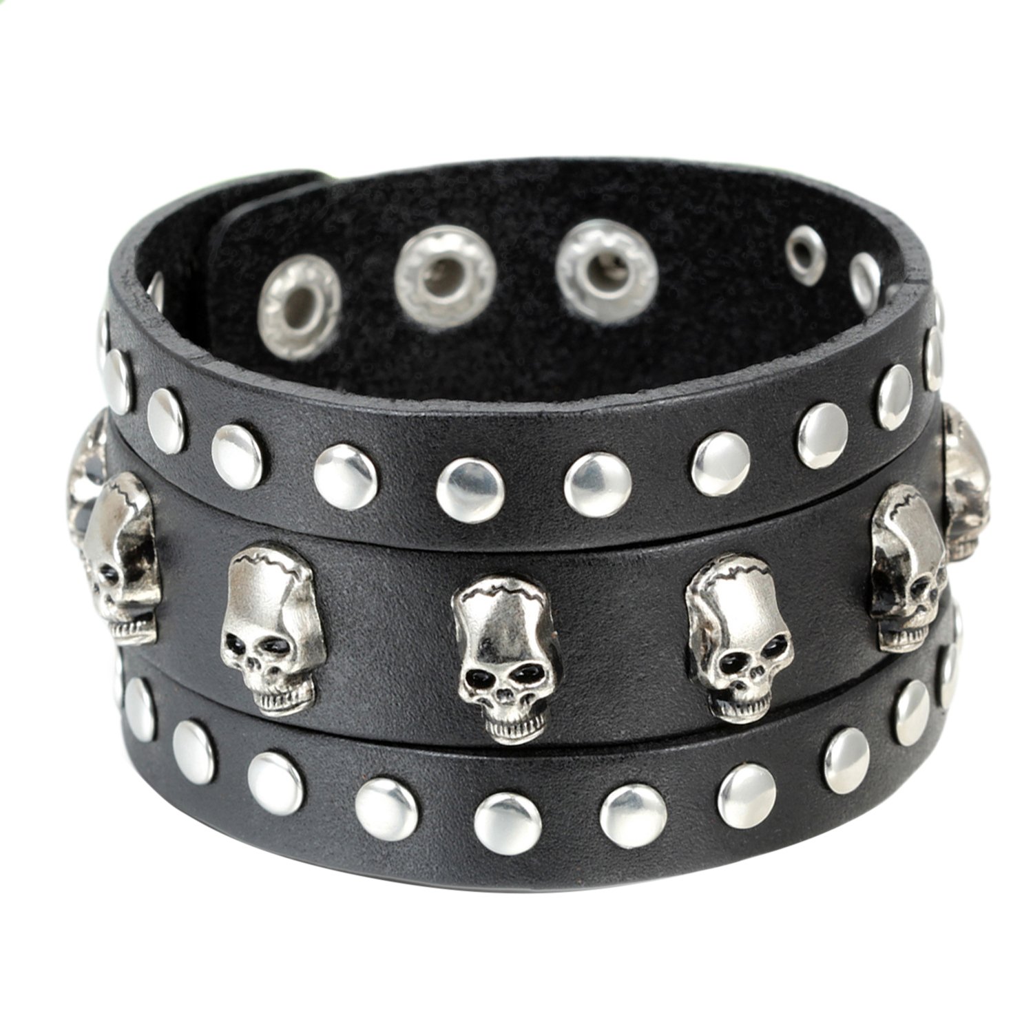 Unisex Gothic Skull Rivet Black Wide Leather Bracelet Cuff Bangle with Adjustable Snap Button for Men Women for Christmas
