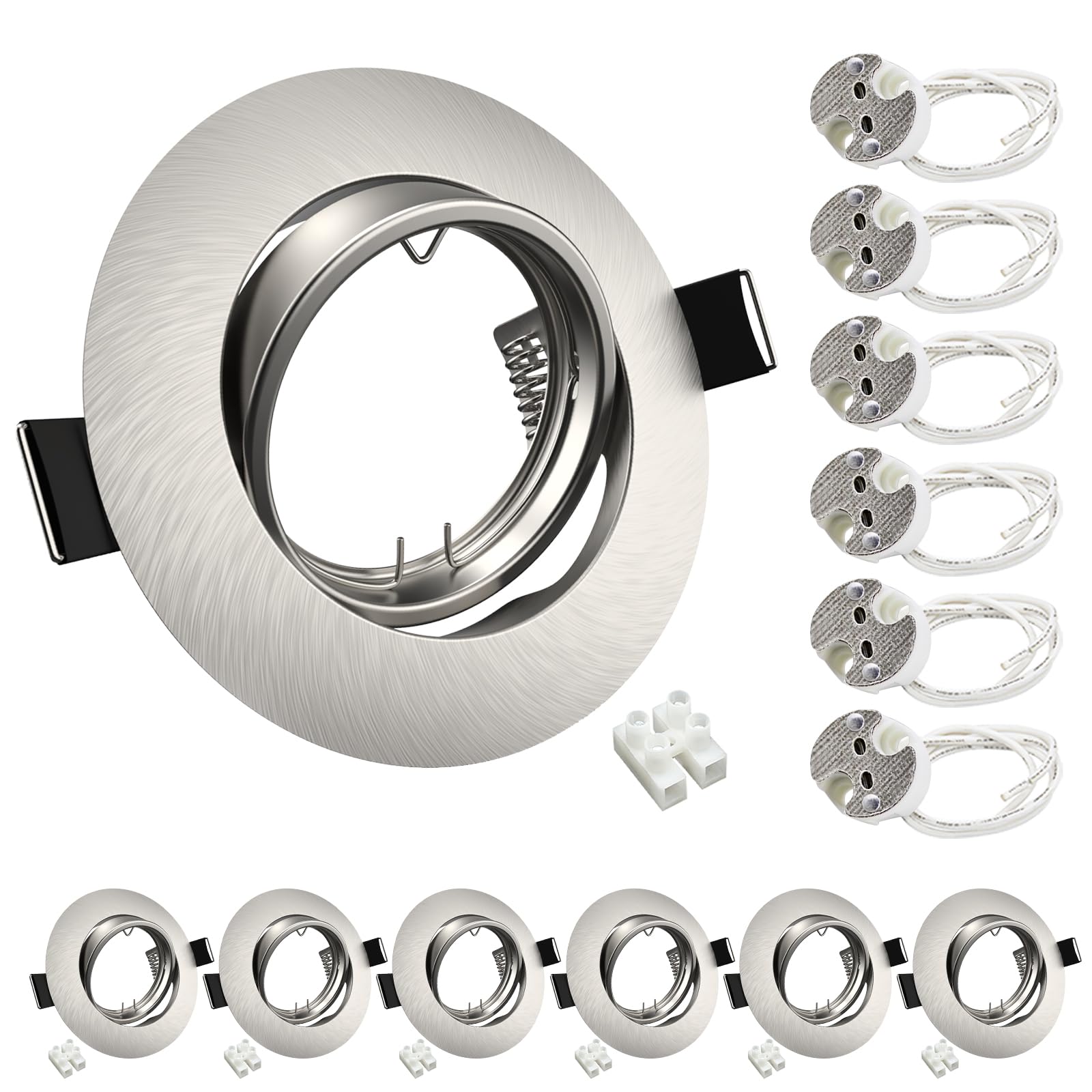 Wondlumi 6X Downlights for Ceiling 12V GU5.3 Round Brushed Chrome Mounting Frame for Recessed Ceiling Lights 360° Tilt Swivel Spotlight Fitting with GU5.3 Lampholder, Cutout: 68-85mm, No Bulbs