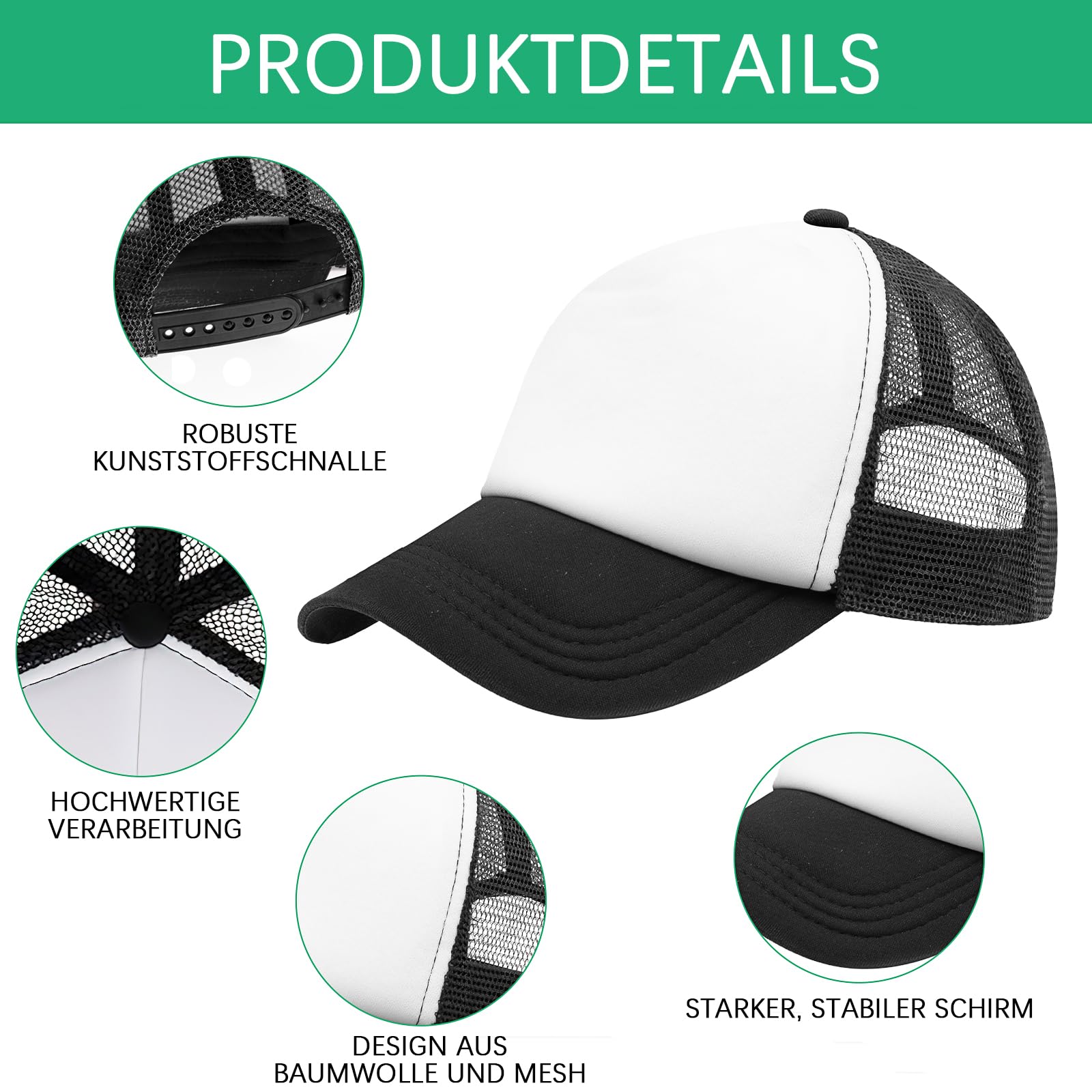 24 Stück Sublimation Rohlinge Kappe, Kinder Basecaps, Schwarz-Weiß, blanko | Trucker-Caps für Sublimationsdruck, DIY-Motive und personalisierte Projekte – geeignet für Basteln, Gruppen und Events