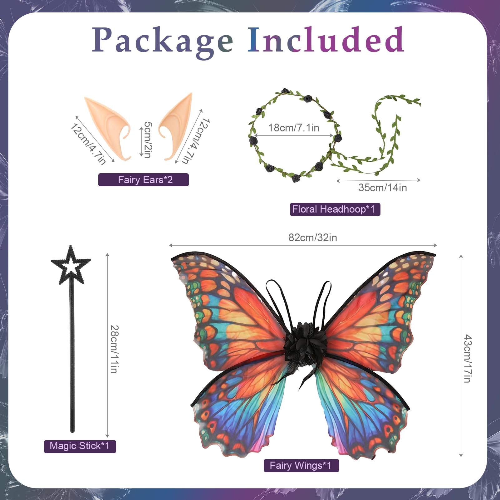 Snylcce Fairy Wings for Adults Fairy Costume Set including Floral Garland, Hair Tinsel, Wand & Elf Ears Butterfly Wings - Image 2